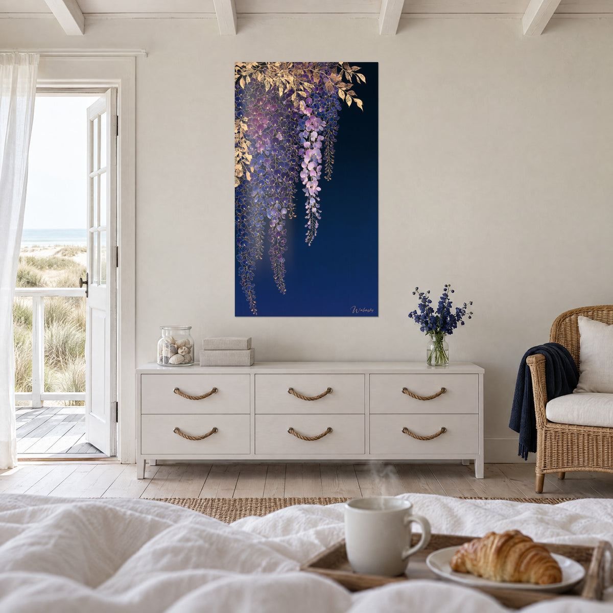Wall art shower of mauve and midnight blue blooms with gold foliage, hung near a French door above a bed in a light bedroom
