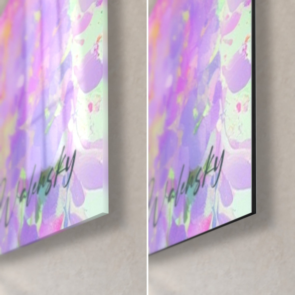 Wall art with lilac and pink wisteria blooms, bottom right corner: glossy acrylic glass on the left, matte brushed Dibond aluminium on the right, 3 mm edge