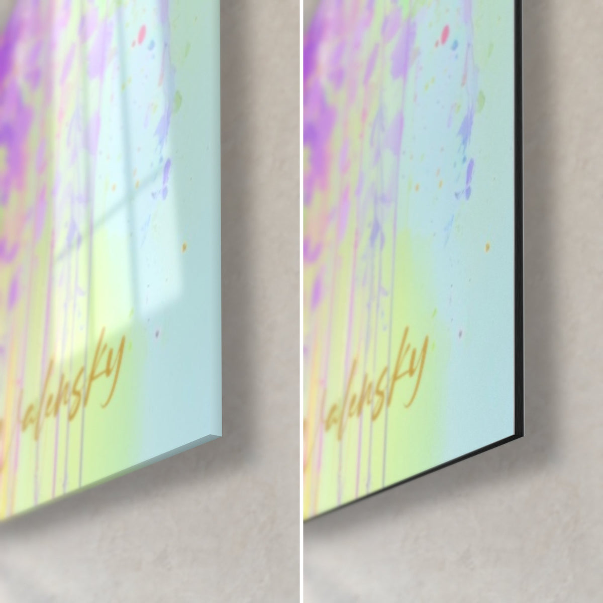 Cuadro de glicina fucsia y turquesa, esquina inferior derecha en cristal brillante y aluminio Dibond mate, canto de 3 mm visible