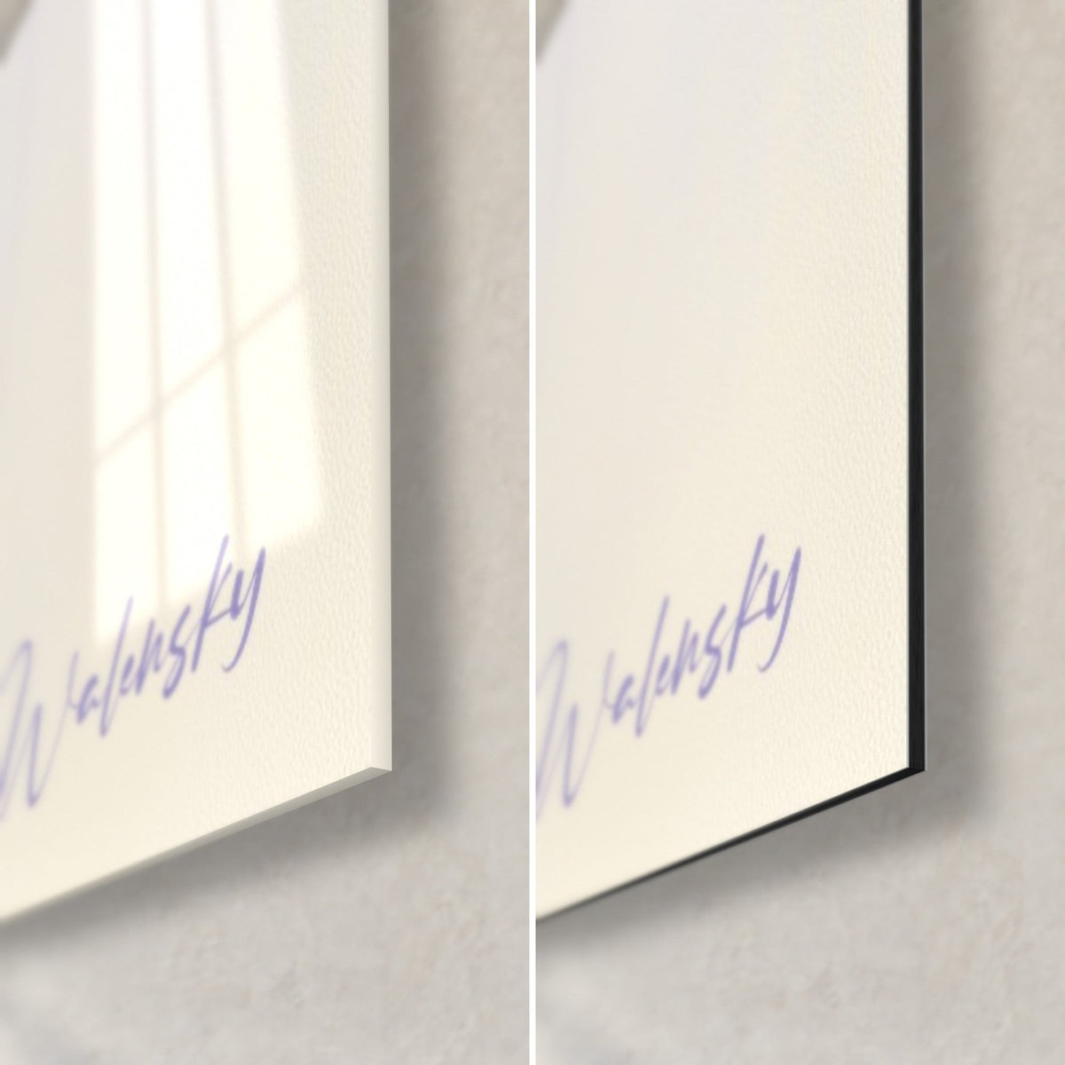 Wall art of an antique column beneath lilac wisteria, bottom right corner: glossy acrylic glass on the left, matte black Dibond on the right, violet signature
