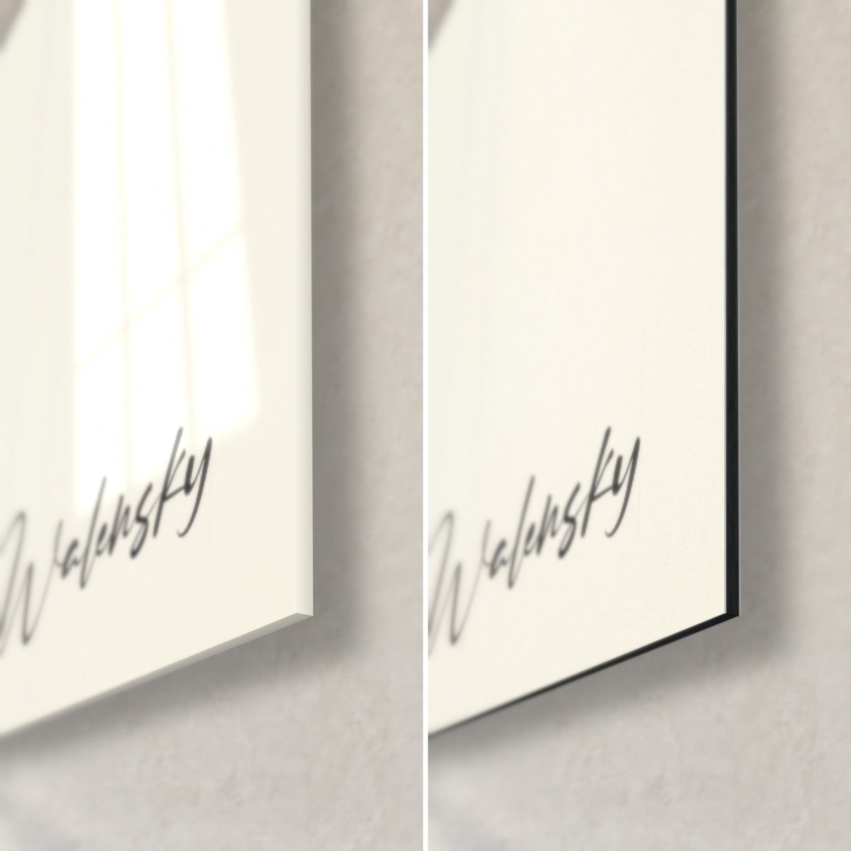 Schilderij tros paarse blauweregen, rechtsonder: handtekening Walensky, glanzend glas links, mat zwart Dibond rechts