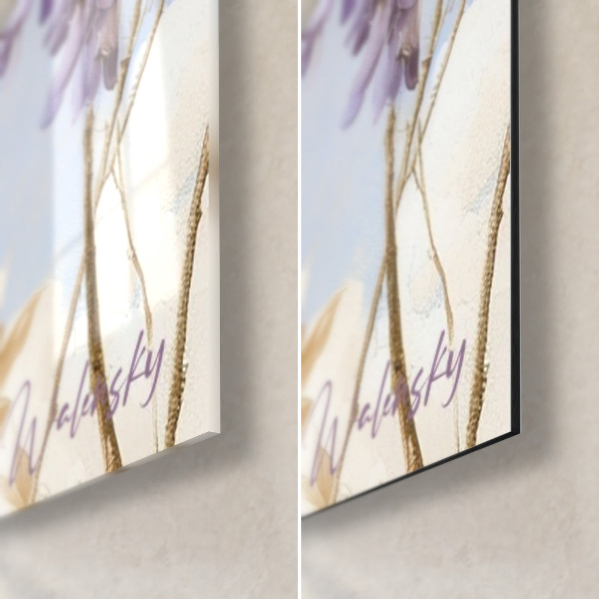 Gemälde einer lila Glyzinientraube und goldenem Stängel, untere rechte Ecke: glänzendes Acrylglas mit Reflexen, mattschwarzes Dibond, 3 mm Kante