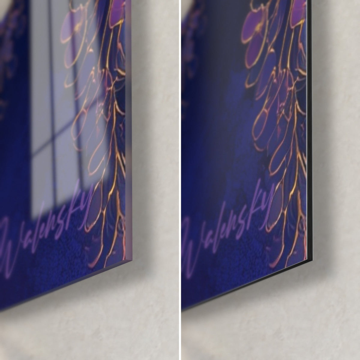 Wall art lilac and gold wisteria rain, bottom right corner: glossy acrylic glass on the left, matt Dibond aluminium on the right, 3 mm edge