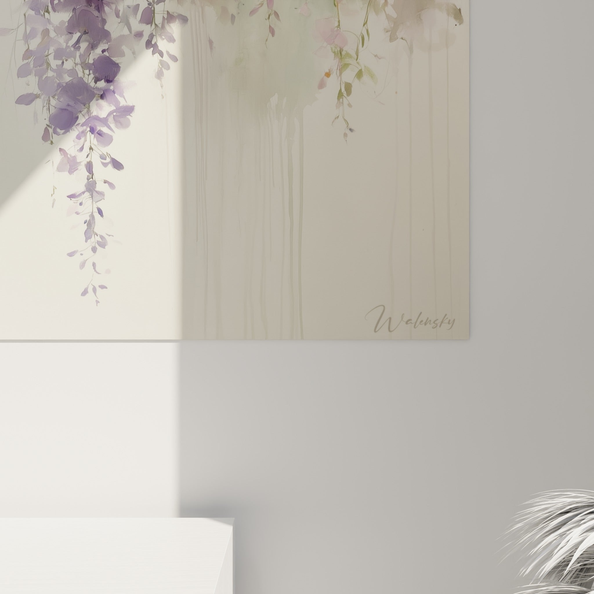 Détail des pétales de glycine mauve et rose, coulures et empâtements visibles sur la toile