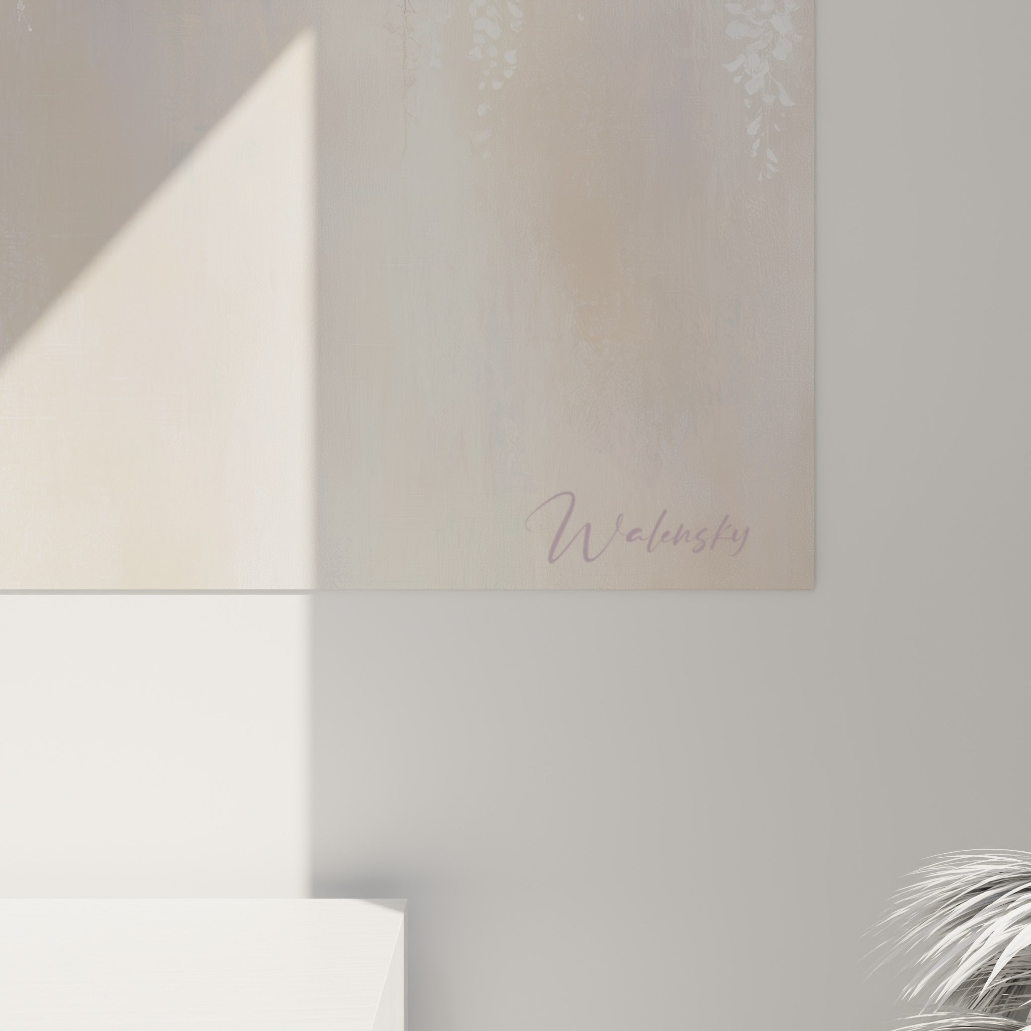 Détail des pétales de glycine mauve et blanc laissant voir les nuances peintes et le grain de la toile