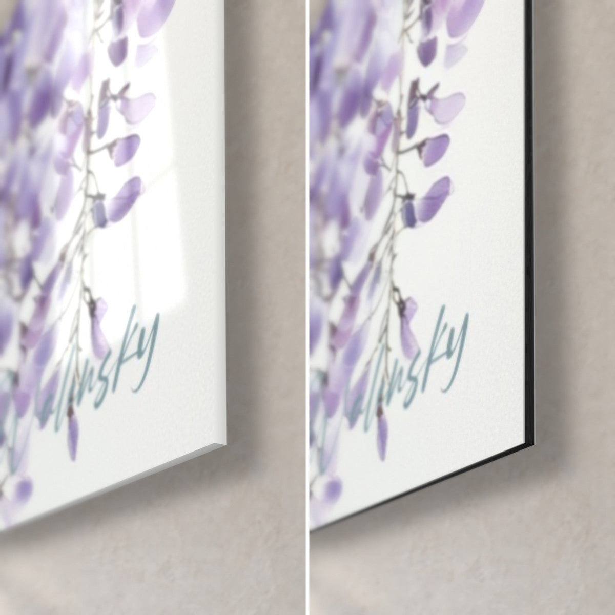 Wall art wisteria cluster in lilac and midnight blue, bottom right corner: glossy acrylic glass and matt black Dibond aluminum, 3 mm edge