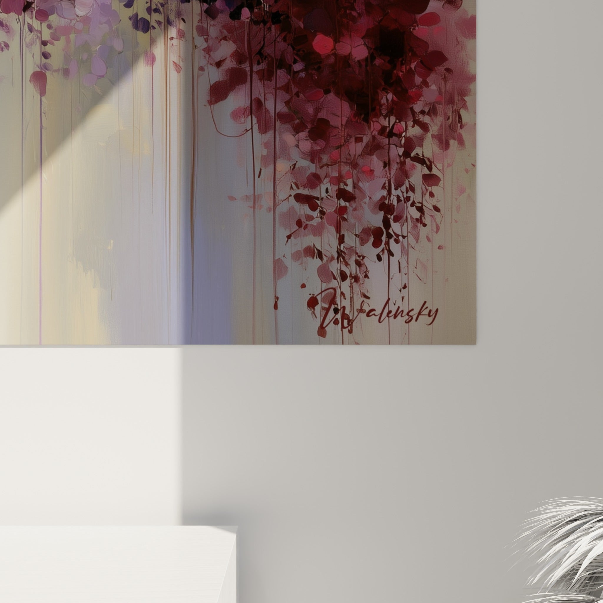 Détail des pétales de glycine mauve et bordeaux, empâtements et coulures visibles sur la toile