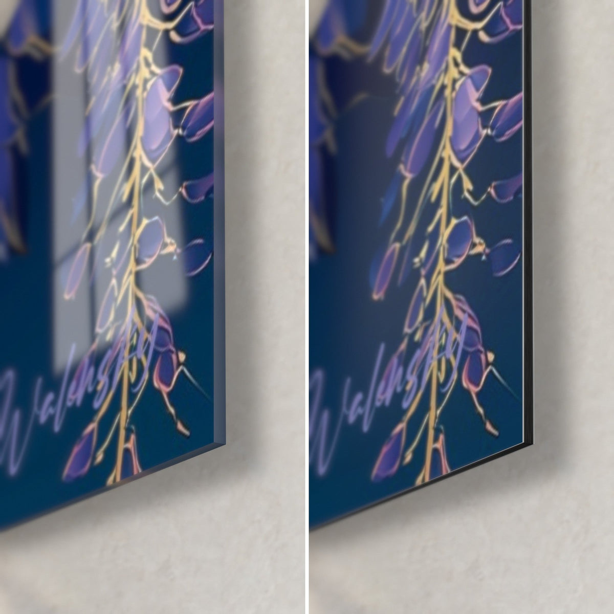 Schilderij gouden blauweregentakken op koningsblauwe en paarse bloemblaadjes, rechtsonder: glanzend acrylglas en mat Dibond, 3 mm dik