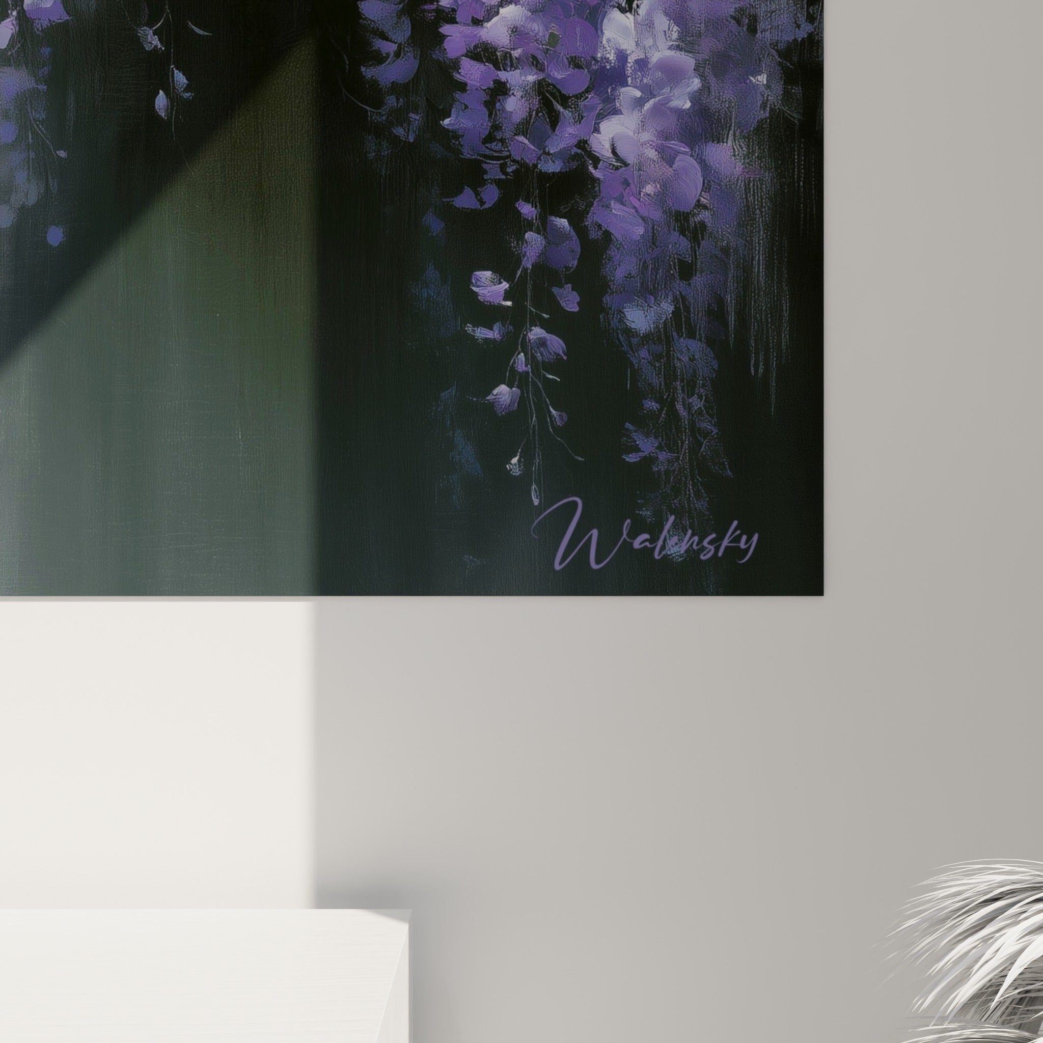 Détail des pétales de glycine mauve et blancs, empâtements denses révélant la matière et le grain de la toile