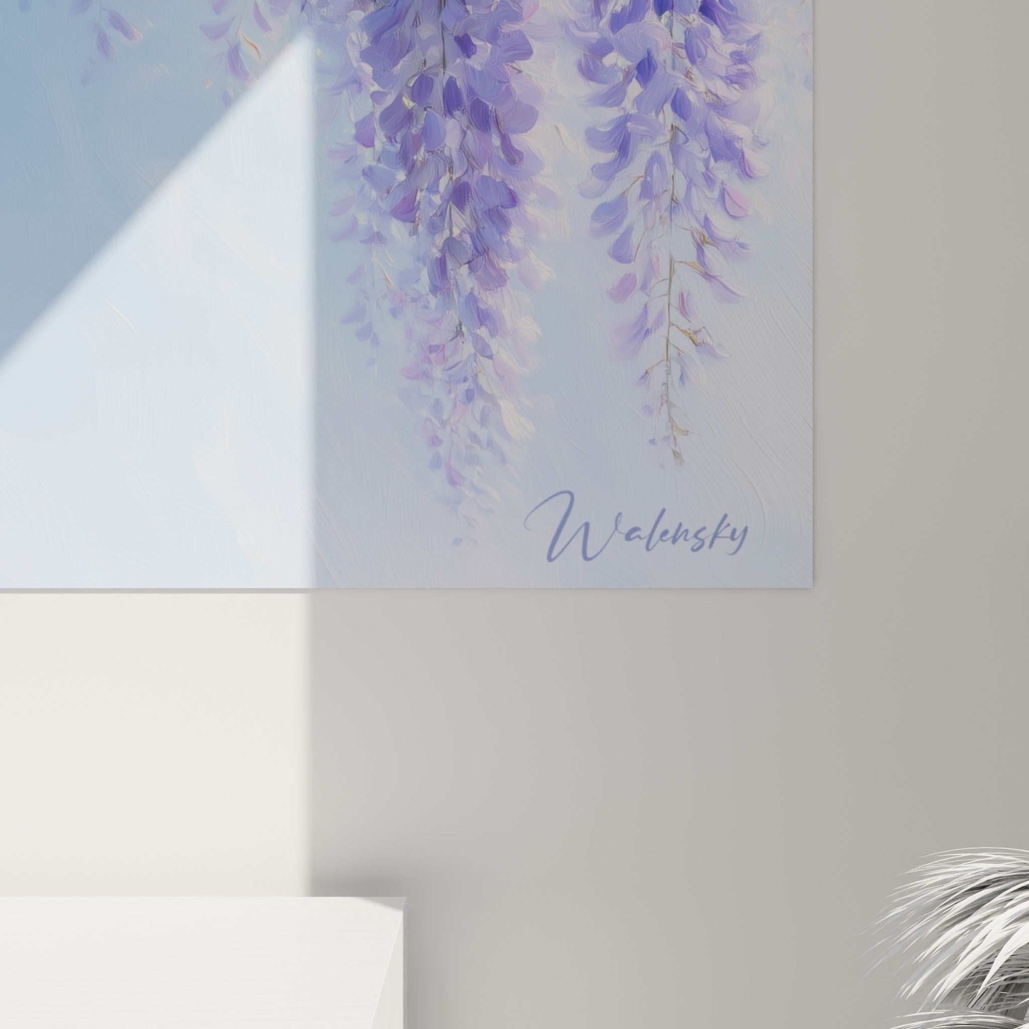 Détail des pétales de glycine mauve et ivoire, empâtements et transparence du feuillage peint