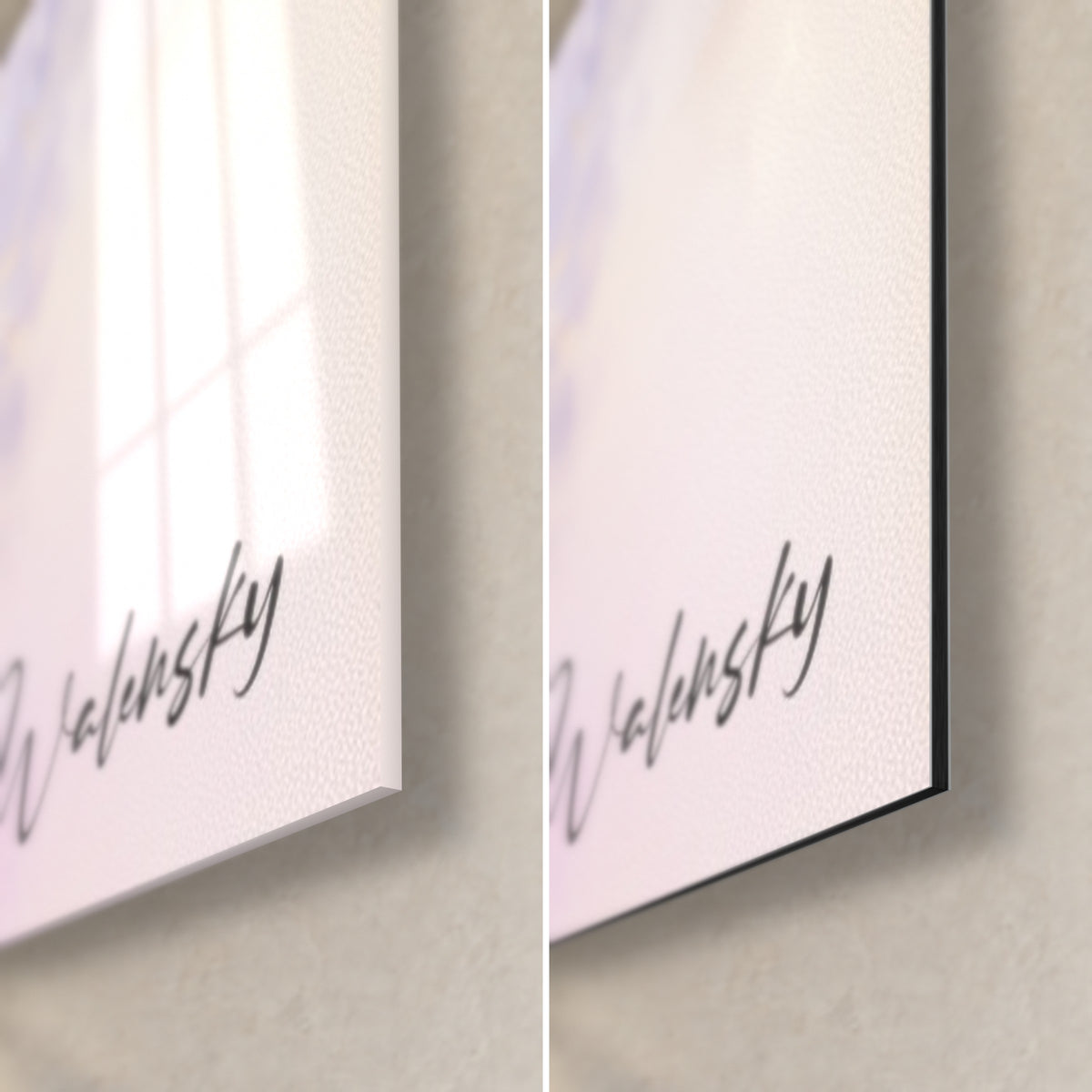 Gemälde Blauregen mit flieder- und rosafarbenen Blütenblättern, schwarze Walensky-Signatur unten rechts: glänzendes Glas links, mattes Dibond rechts