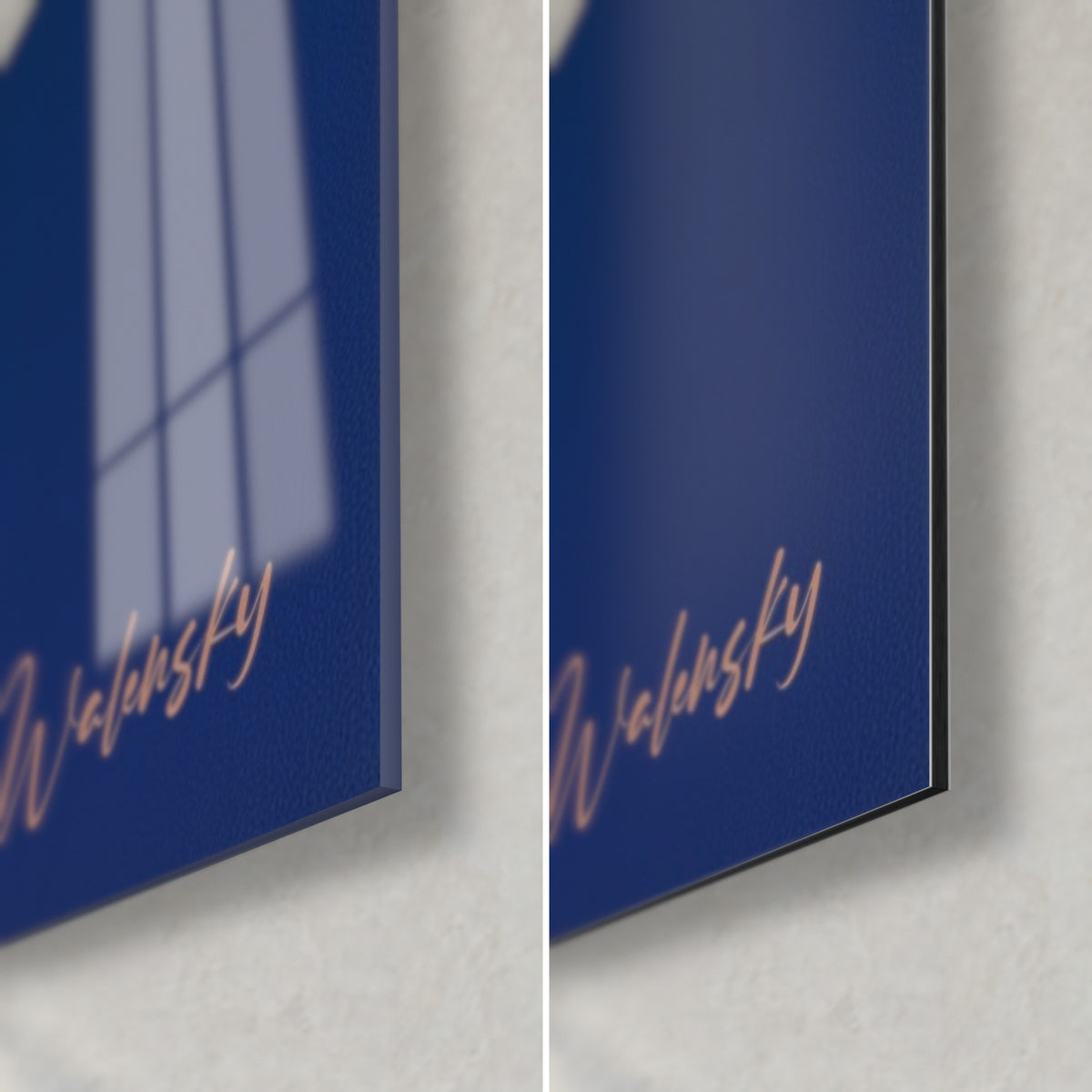 Wall art violet wisteria clusters, bottom right corner in glossy glass and matte Dibond aluminium, copper signature, 3 mm edge thickness