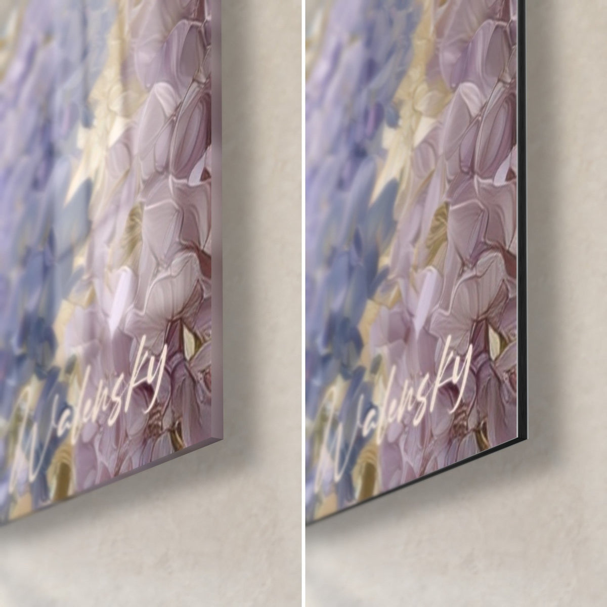 Wall art sparrows beneath wisteria, bottom right corner: glossy acrylic glass on the left, matte black Dibond aluminum on the right, 3 mm edge
