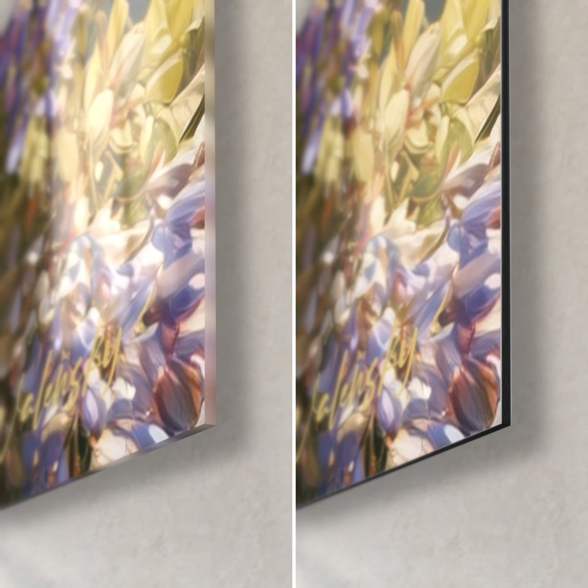 Quadro grappoli di glicine malva e oro, angolo in basso a destra, vetro lucido a sinistra, Dibond opaco a destra, bordo da 3 mm