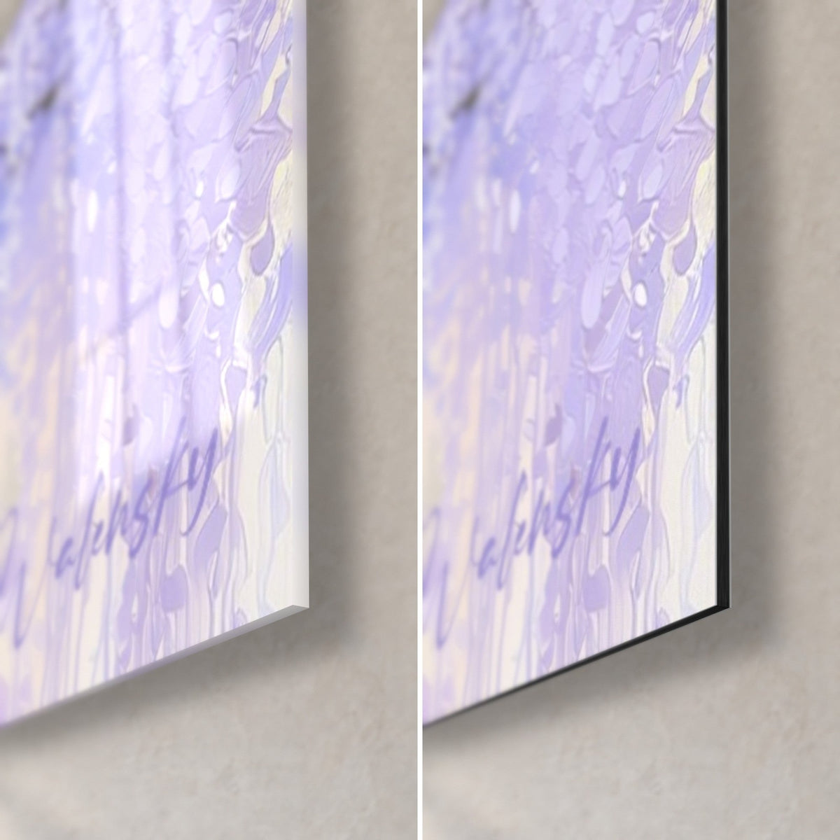 Wall art wisteria in lilac and mauve blooms, bottom right corner: glossy acrylic glass on the left, matte black Dibond aluminium on the right, 3 mm edge