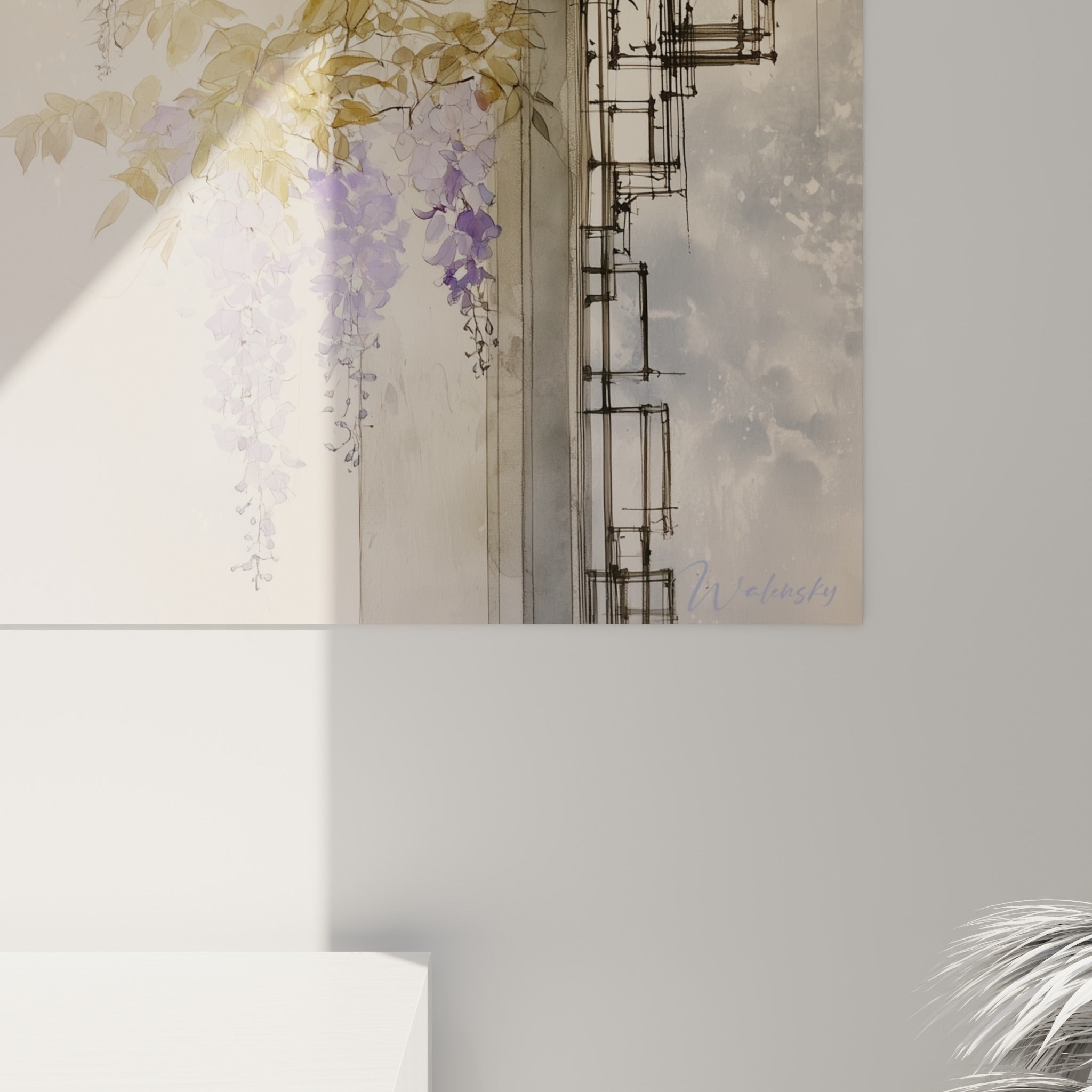 Détail des pétales de glycine mauve et des touches dorées, grain fin et coulures délicates de la matière peinte