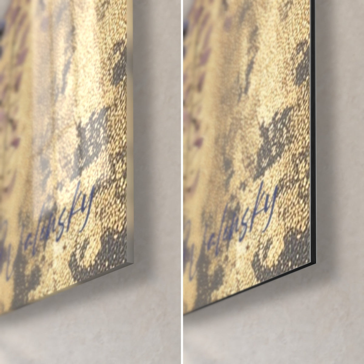 Cuadro glicinia malva y oro, esquina inferior derecha: cristal acrílico brillante con reflejos, Dibond aluminio negro mate, canto de 3 mm