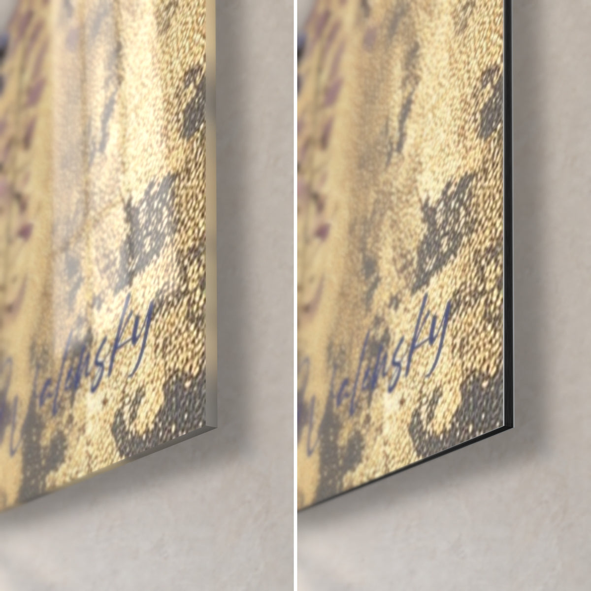Schilderij blauweregen in mauve en goud, rechtsonder: glanzend acrylglas met reflecties, mat zwart Dibond aluminium, rand van 3 mm