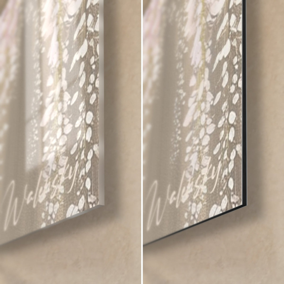 Wall art ivory and mauve wisteria trellis, textured petals, bottom right corner: glossy glass on the left, matte Dibond on the right