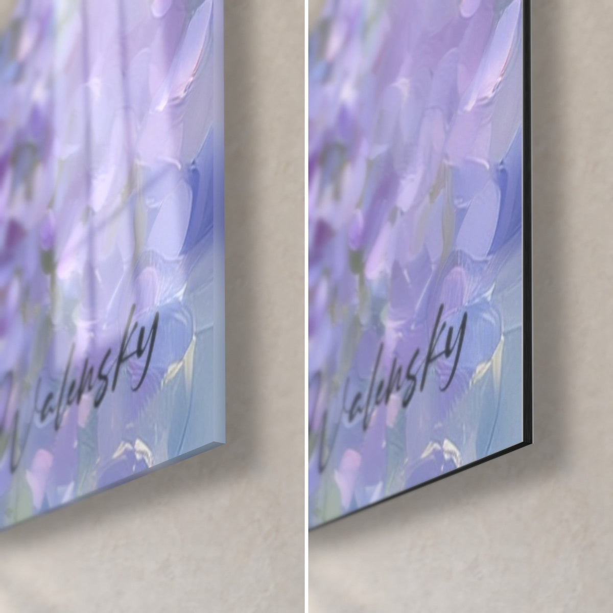 Wall art wisteria with lilac and periwinkle blue petals, bottom right corner: glossy acrylic glass and matte Dibond aluminium, 3 mm edge