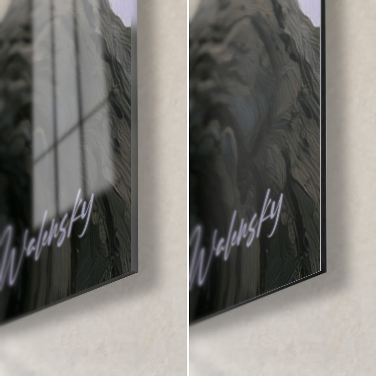 Wall art wisteria tree, bottom right corner: glossy acrylic glass on the left, matte Dibond aluminium on the right, 3 mm edge
