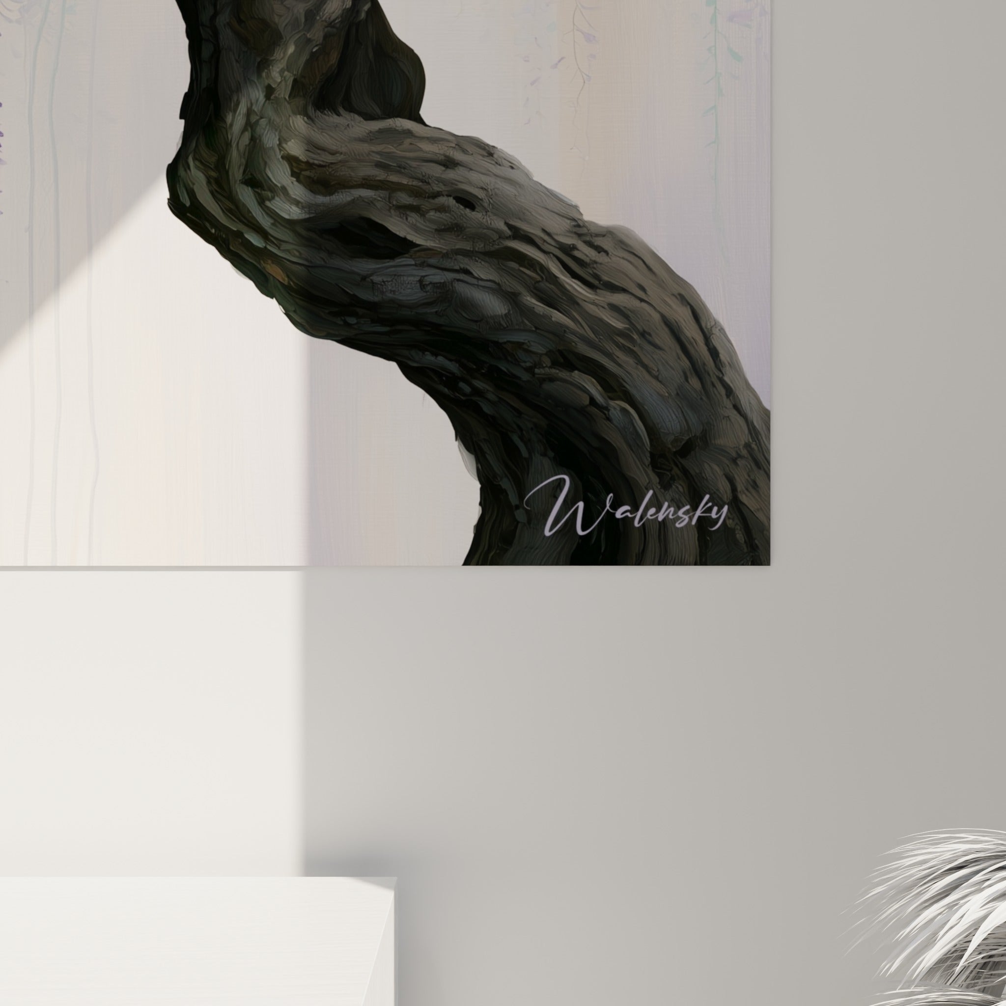 Détail des pétales de glycine mauve et blancs, empâtements fins et coulures délicates sur toile texturée