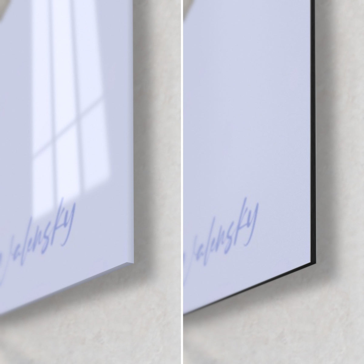Wall art indigo wisteria, bottom right corner: glossy acrylic glass on the left, matte black Dibond on the right, 3 mm edge