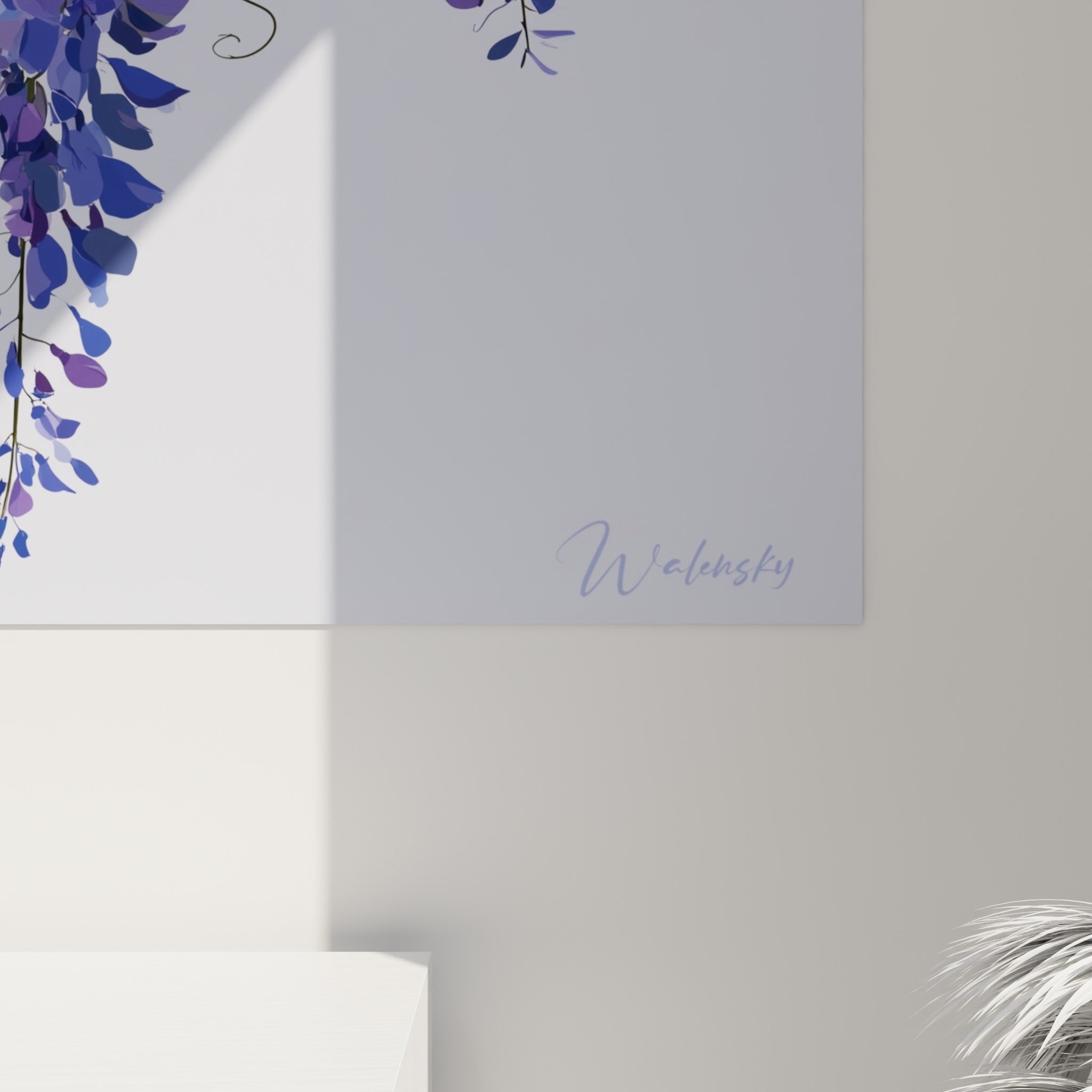 Détail des pétales violets et bleu indigo de la glycine, textures fines et dégradés délicats à fleur de toile