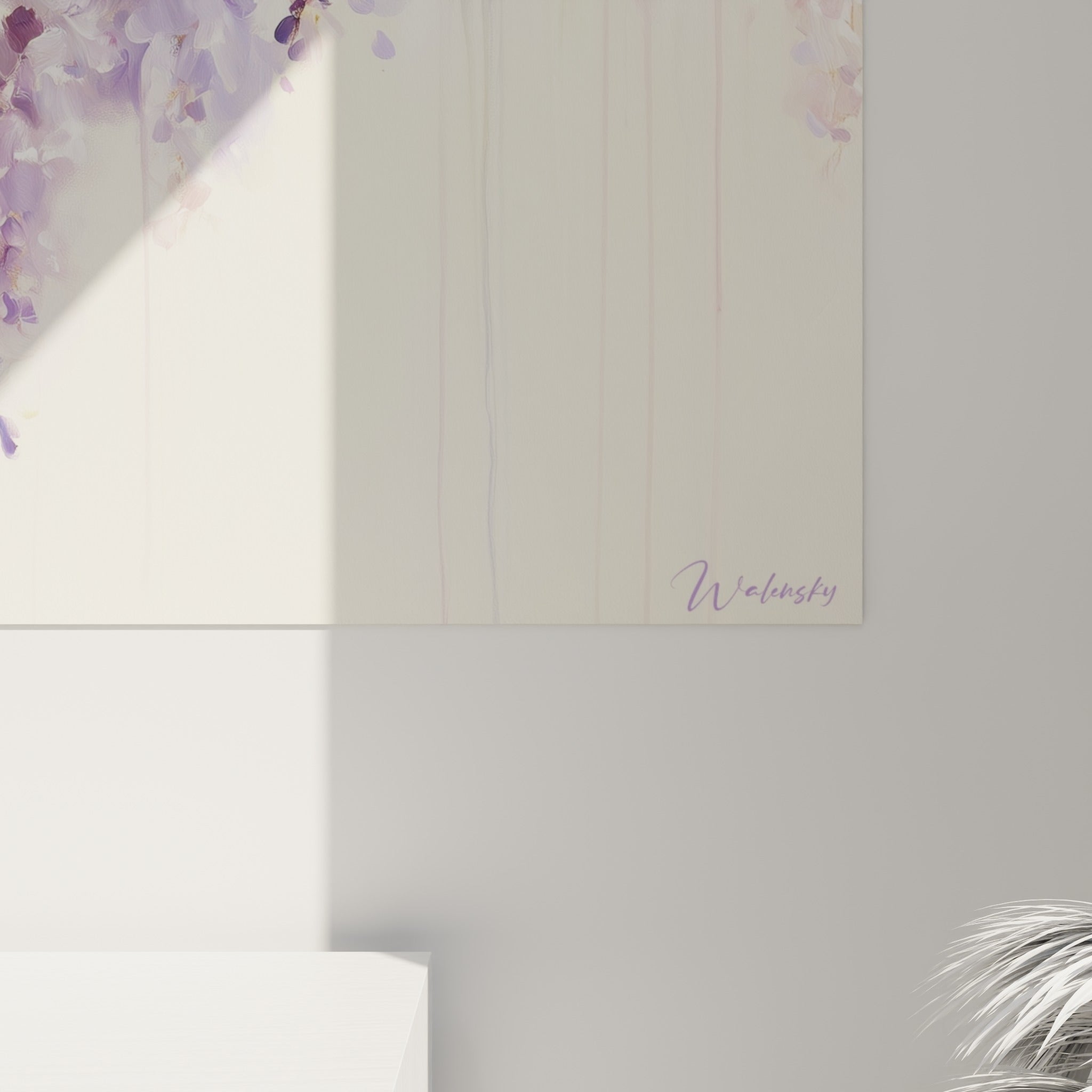 Détail des pétales de glycine où mauve, blanc et vert se fondent en coulures et empâtements délicats