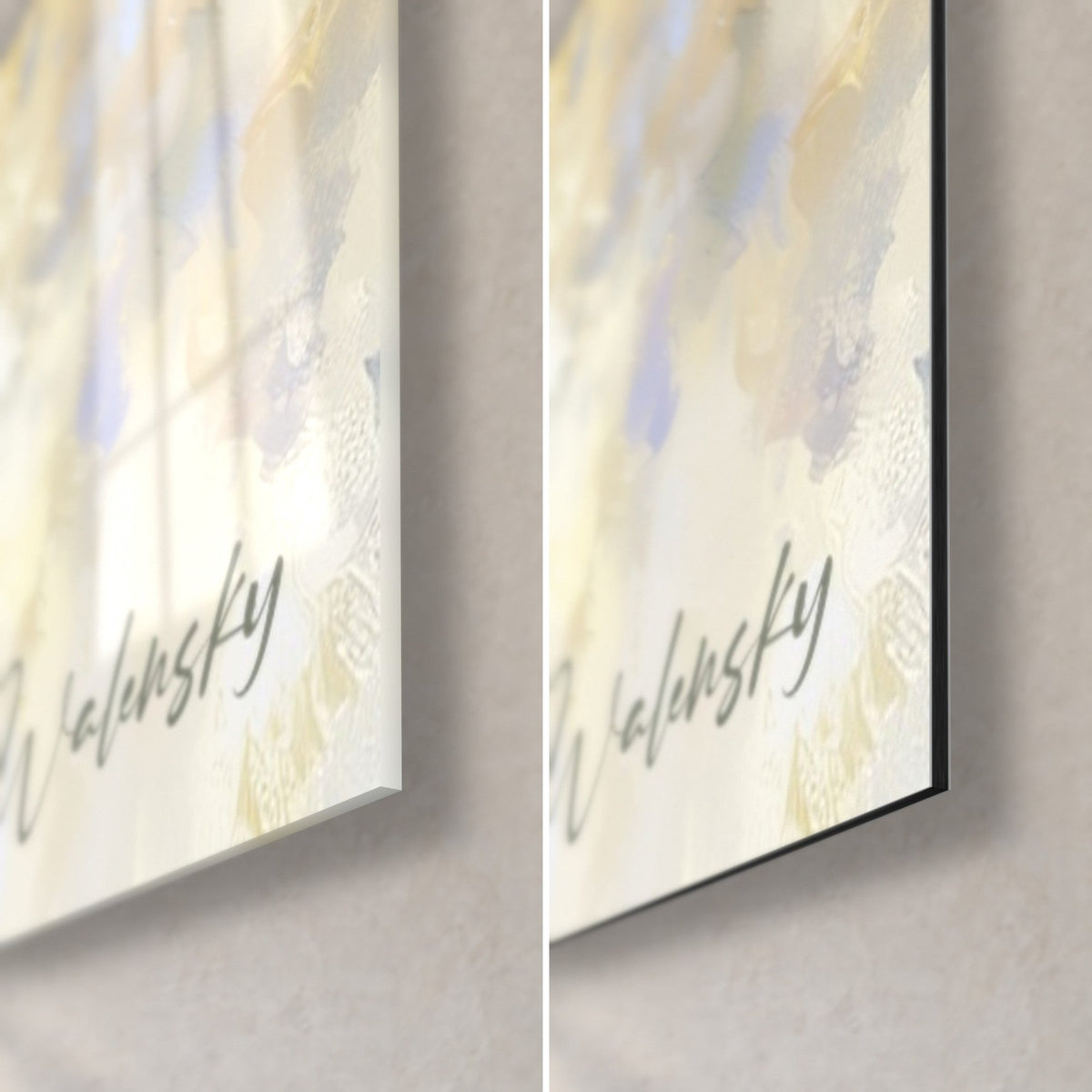 Wall art pearly white floral sprays, bottom right corner, Walensky signature, glossy glass and matte black Dibond