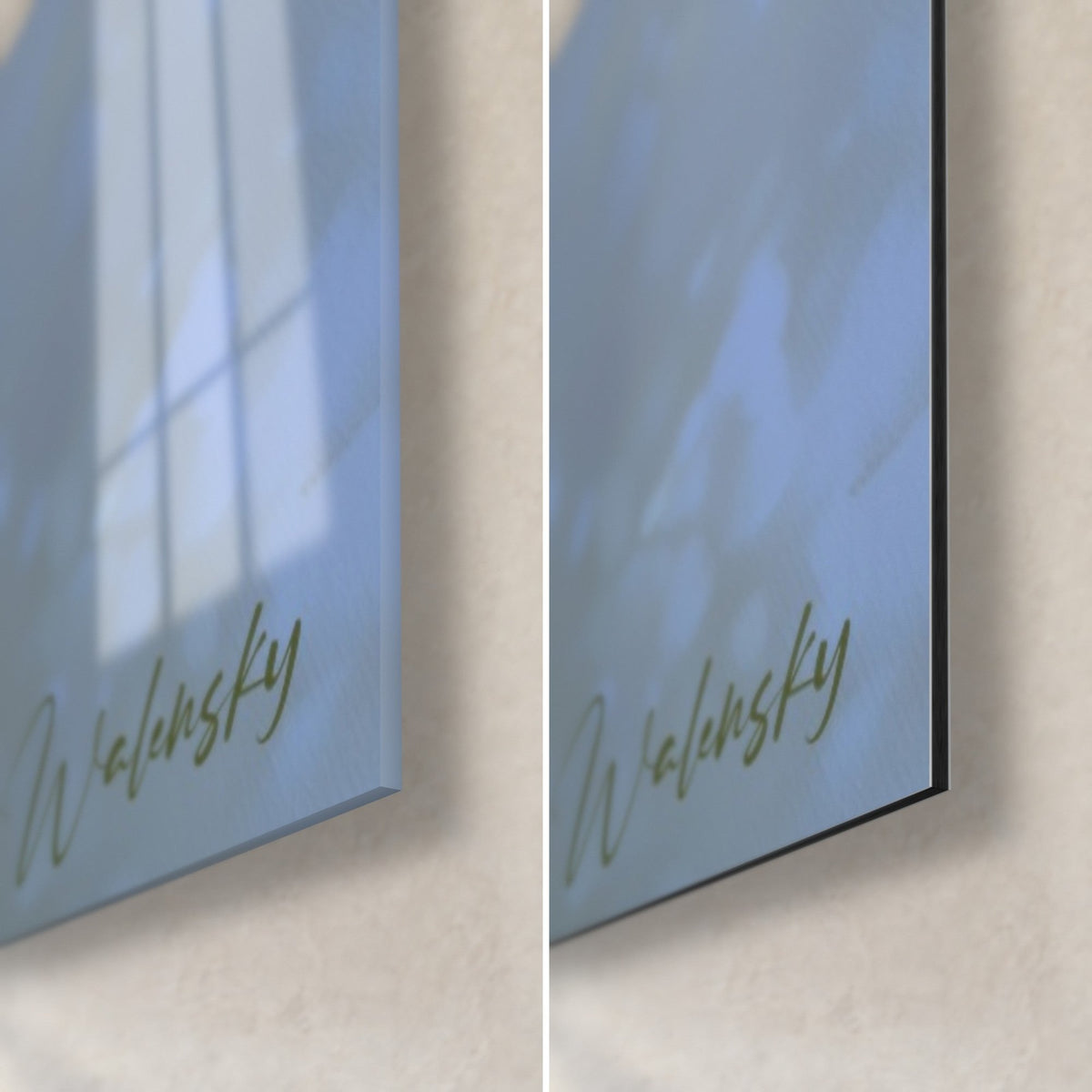Quadro glicine malva e azzurro cielo, angolo in basso a destra: vetro lucido a sinistra, Dibond opaco spazzolato a destra, spessore di 3 mm visibile