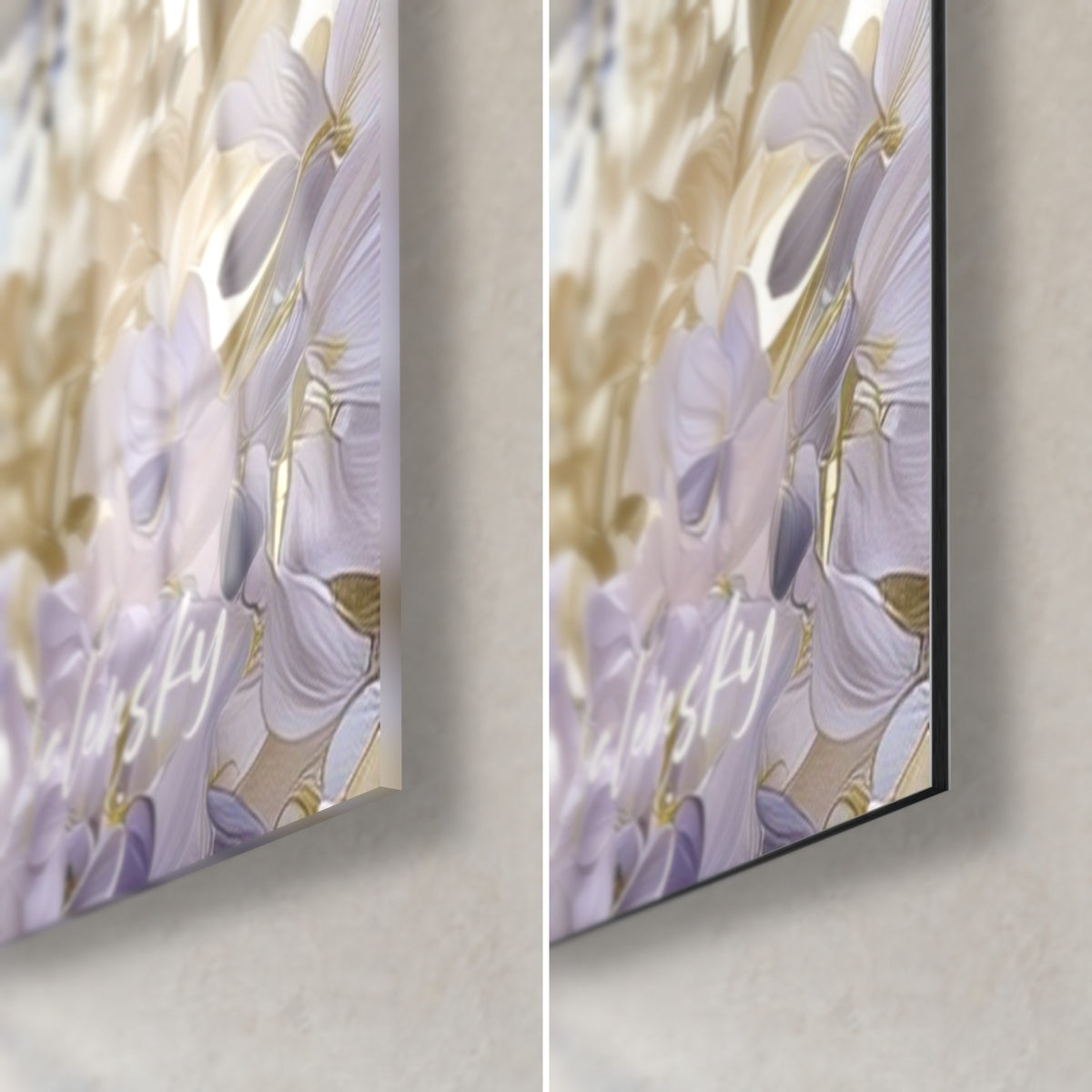 Gemälde Trio aus Sperlingen und Lavendeltrauben, untere rechte Ecke: glänzendes Acrylglas links, mattschwarzes Dibond rechts