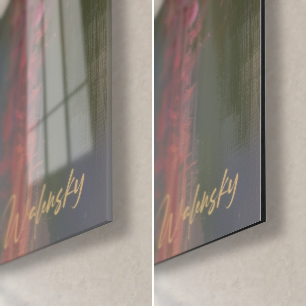 Wall art wisteria clusters, bottom right corner in glossy glass with window reflections and matte grey-green Dibond, 3 mm thickness