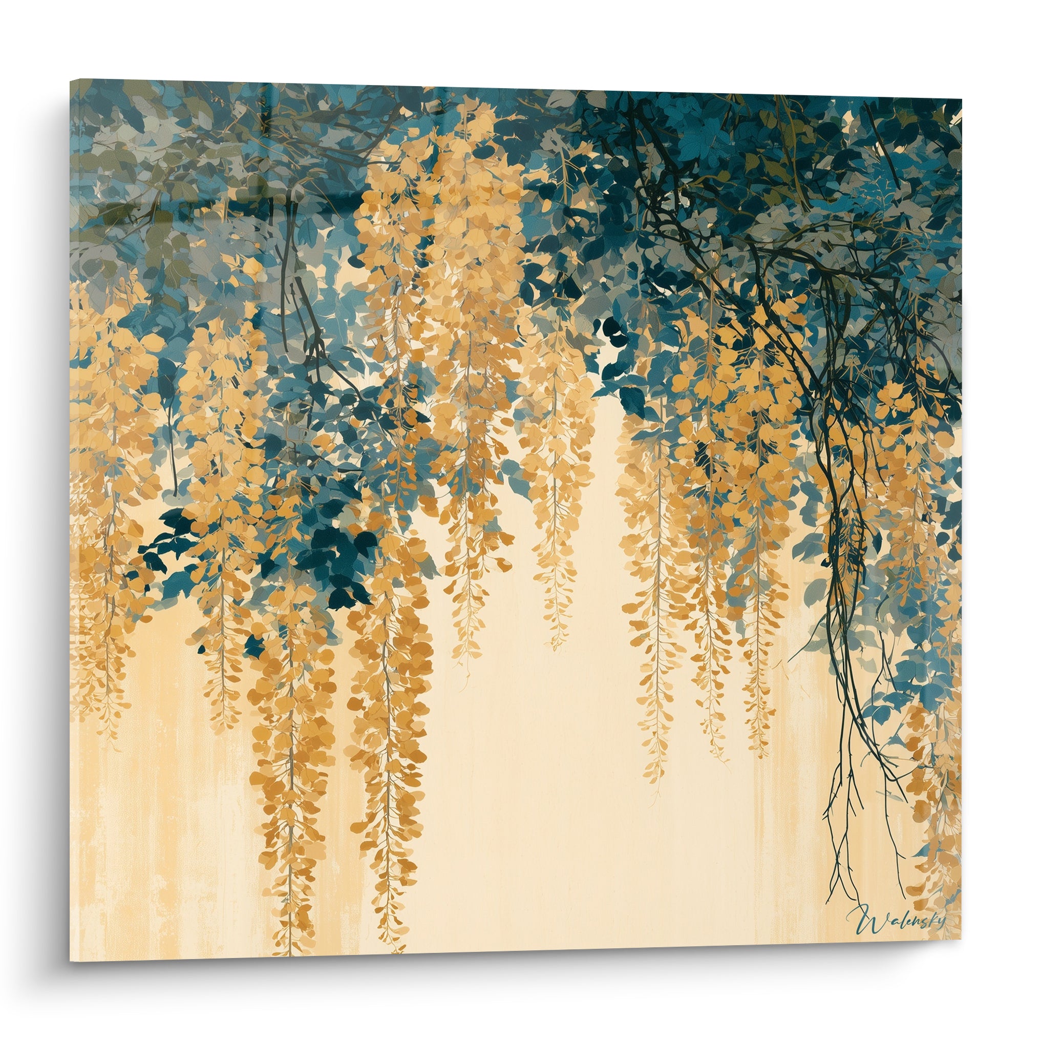 Glycine dorée en cascade sur fond crème et feuillage bleu pétrole, style aquarelle stylisée