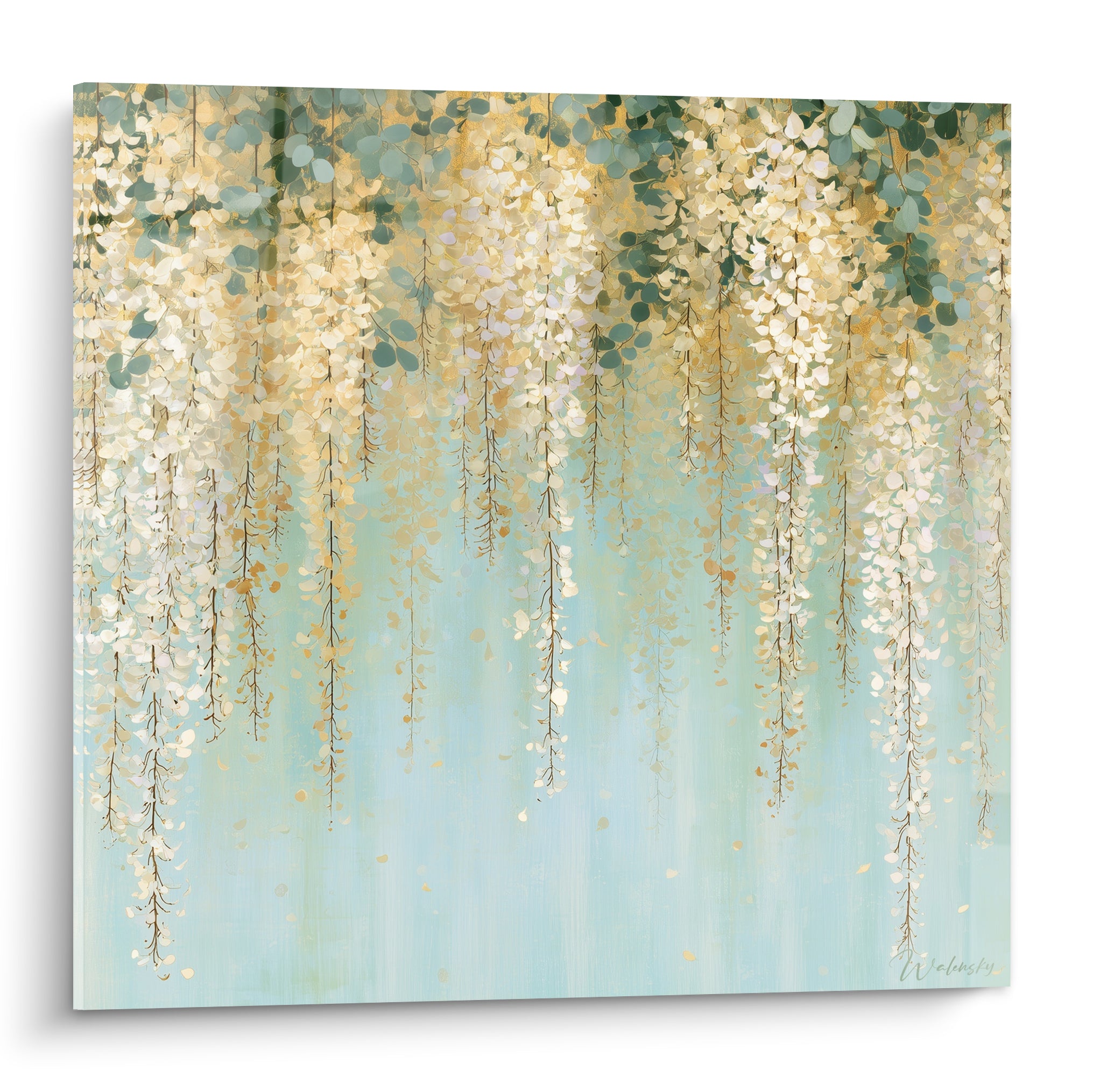 Glycine dorée en grappes tombantes sur fond vert d'eau et turquoise, style aquarelle délicat