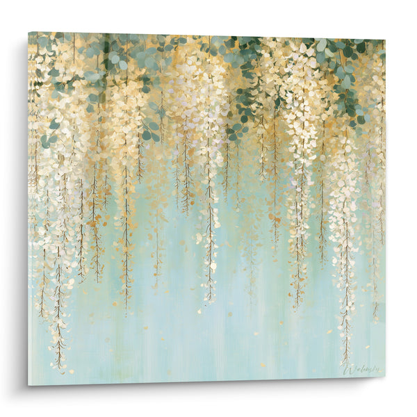 Tableau Grappes ivoire et dorées sur fond turquoise pâle - Feuillage vert céladon - Edition Glycine