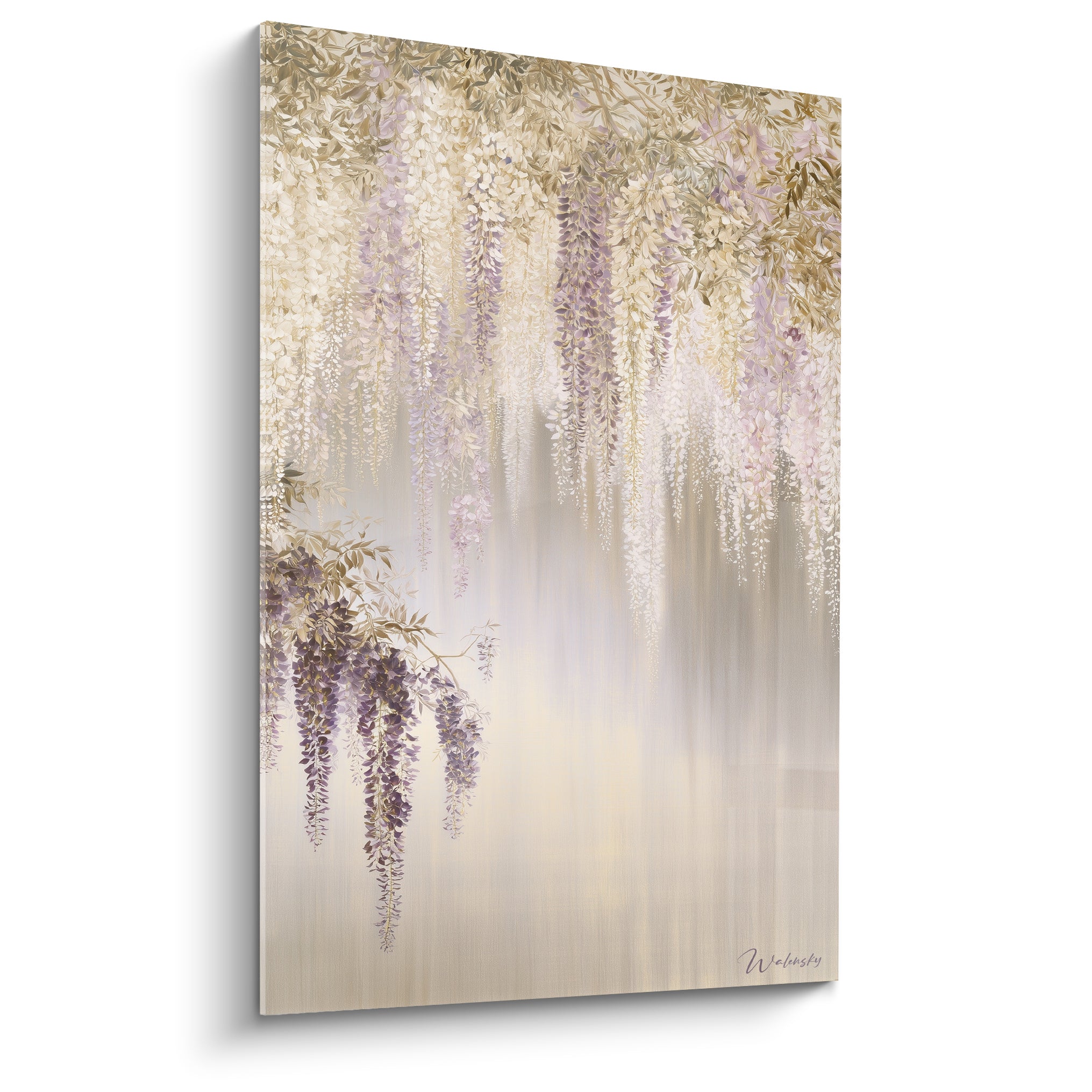 Glycine dorée et mauve en cascade florale peinte sur fond brumeux beige et gris
