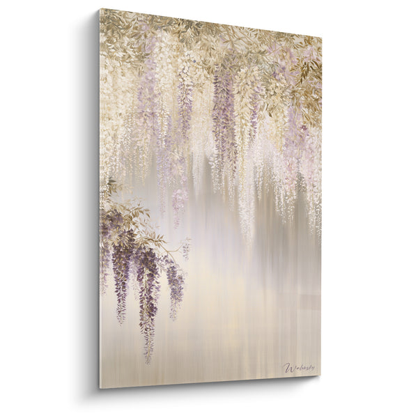Tableau Grappes ivoire et mauves sur fond beige estompé - Rideau de fleurs tombantes - Edition Glycine
