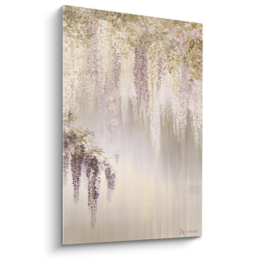 Tableau Grappes ivoire et mauves sur fond beige estompé - Rideau de fleurs tombantes - Edition Glycine