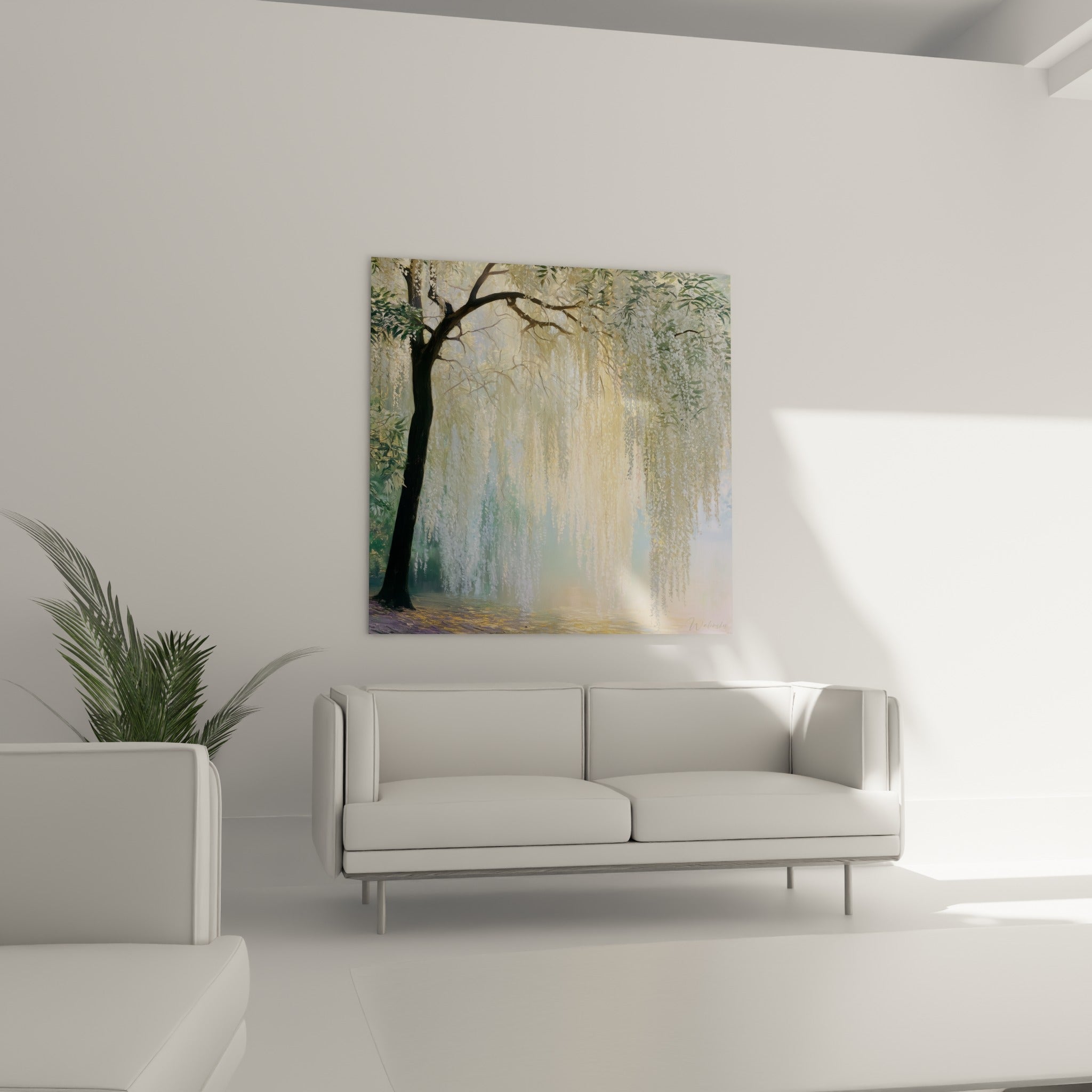 Fleurs de glycine dorées et blanches en pluie légère, au-dessus d'un canapé dans un salon lumineux