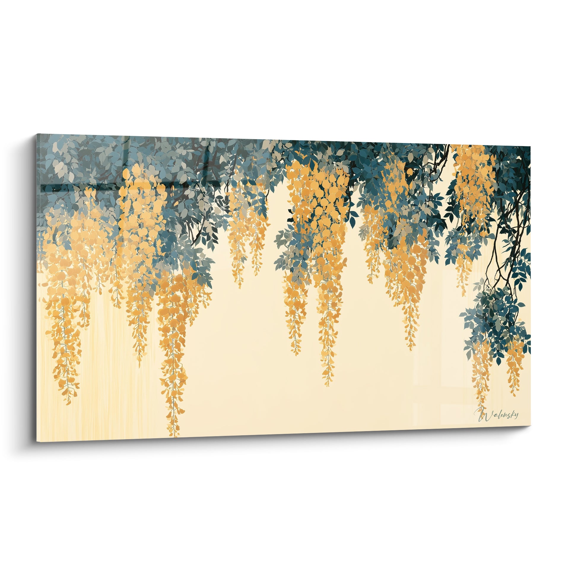 Glycine dorée en cascade sur fond ivoire, feuillage bleu pétrole, style graphique délicat