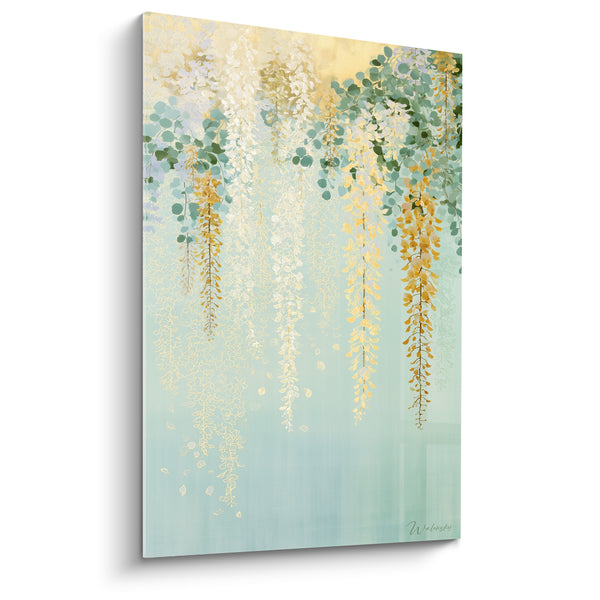 Tableau Grappes ivoire et dorées sur fond bleu pâle - Feuilles rondes vert tendre - Edition Glycine