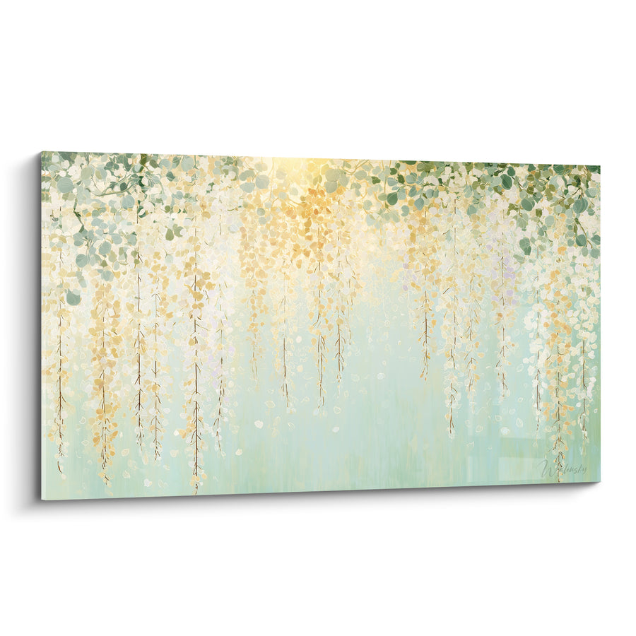 Tableau Grappes dorées et blanches sur fond vert d'eau - Halo de soleil - Edition Glycine