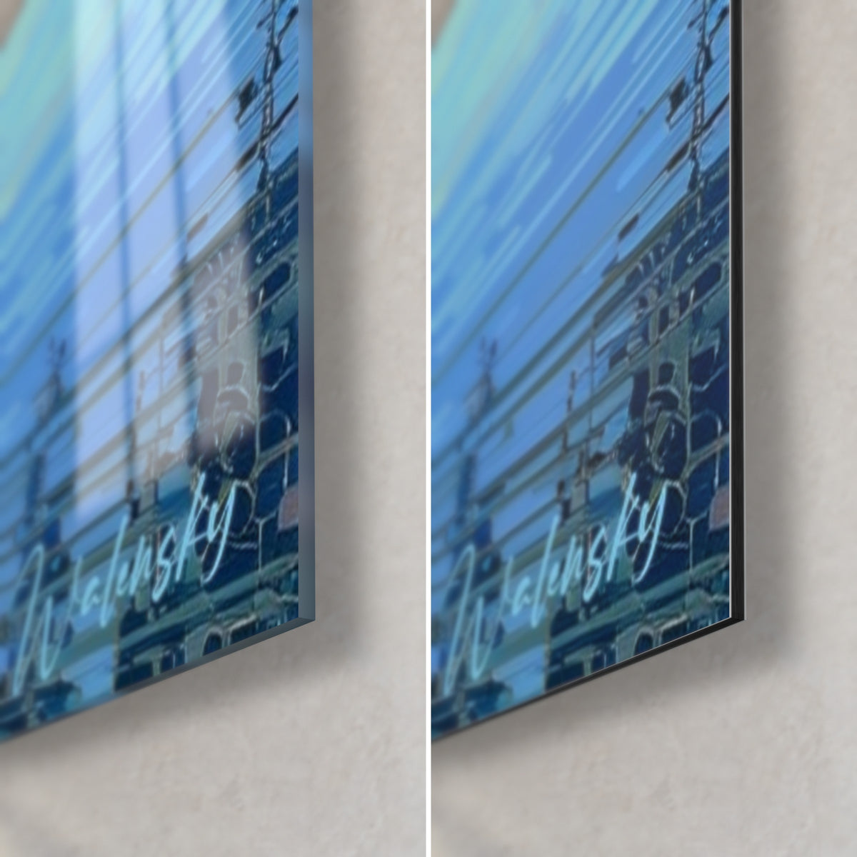 Schilderij trossen blauweregen koningsblauw, rechterhoek onderaan: glanzend acrylglas en mat Dibond-aluminium, rand van 3 mm