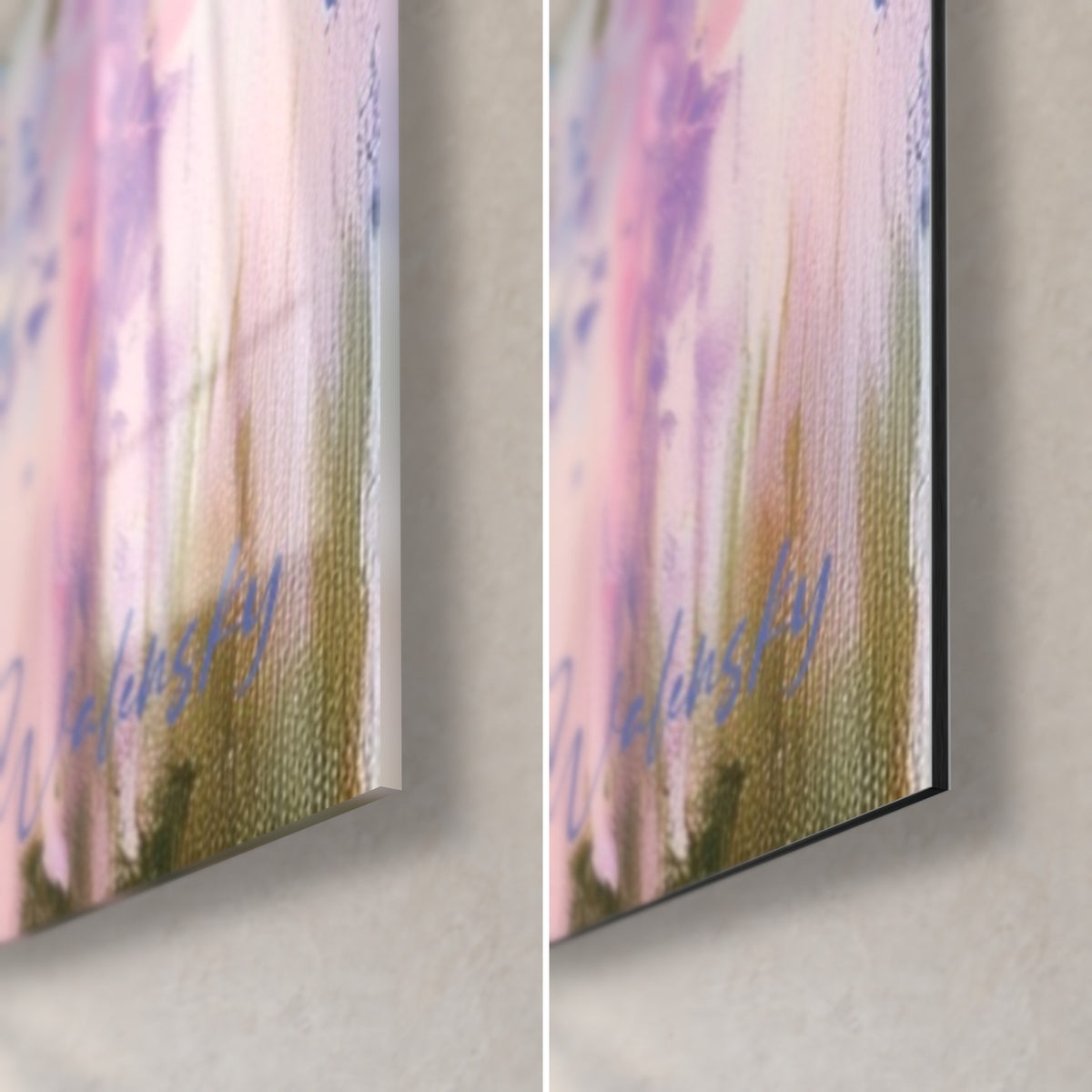 Gemälde mit violetten und rosa Glyzinienblüten, untere rechte Ecke: glänzendes Acrylglas links, mattes Dibond-Aluminium rechts
