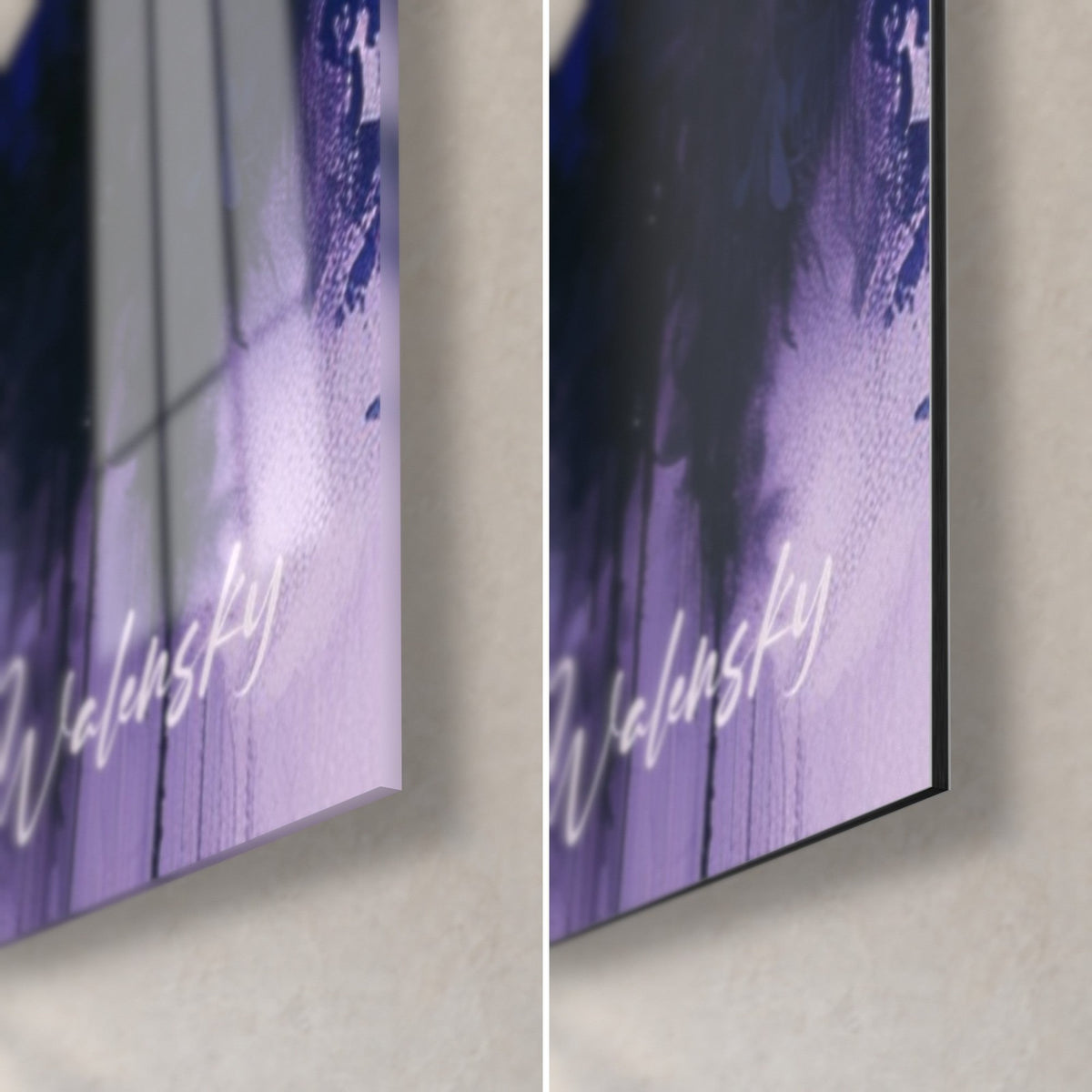 Schilderij blauweregenprieel in violet, rechtsonder: glanzend glas links, mat wit Dibond-aluminium rechts, rand van 3 mm