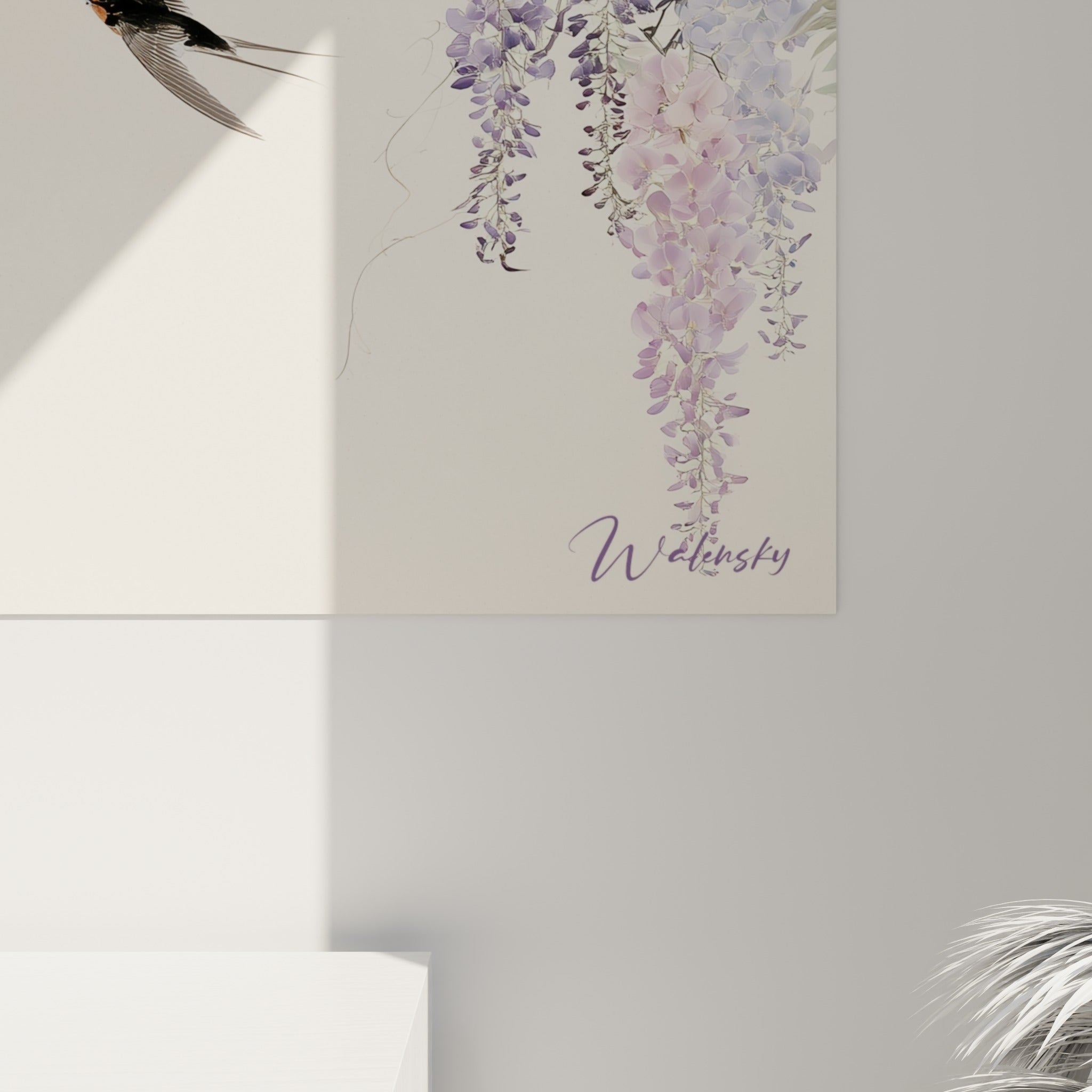 Empâtements fins et coulures d'encre noire sur les grappes lilas et violettes de la toile Glycine