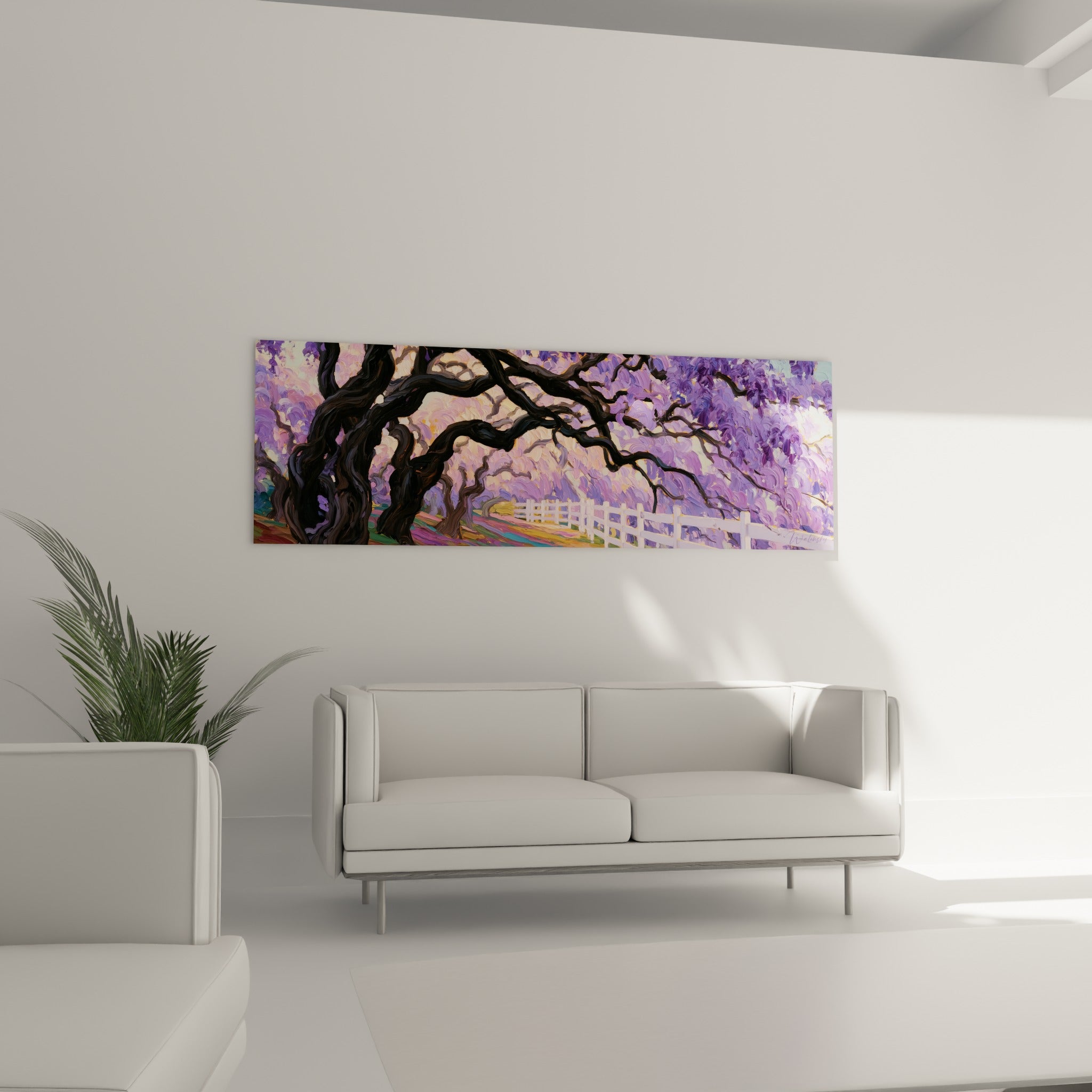 Glycine lilas et ocre illumine ce tableau végétal, placé au-dessus d'un canapé dans un salon lumineux