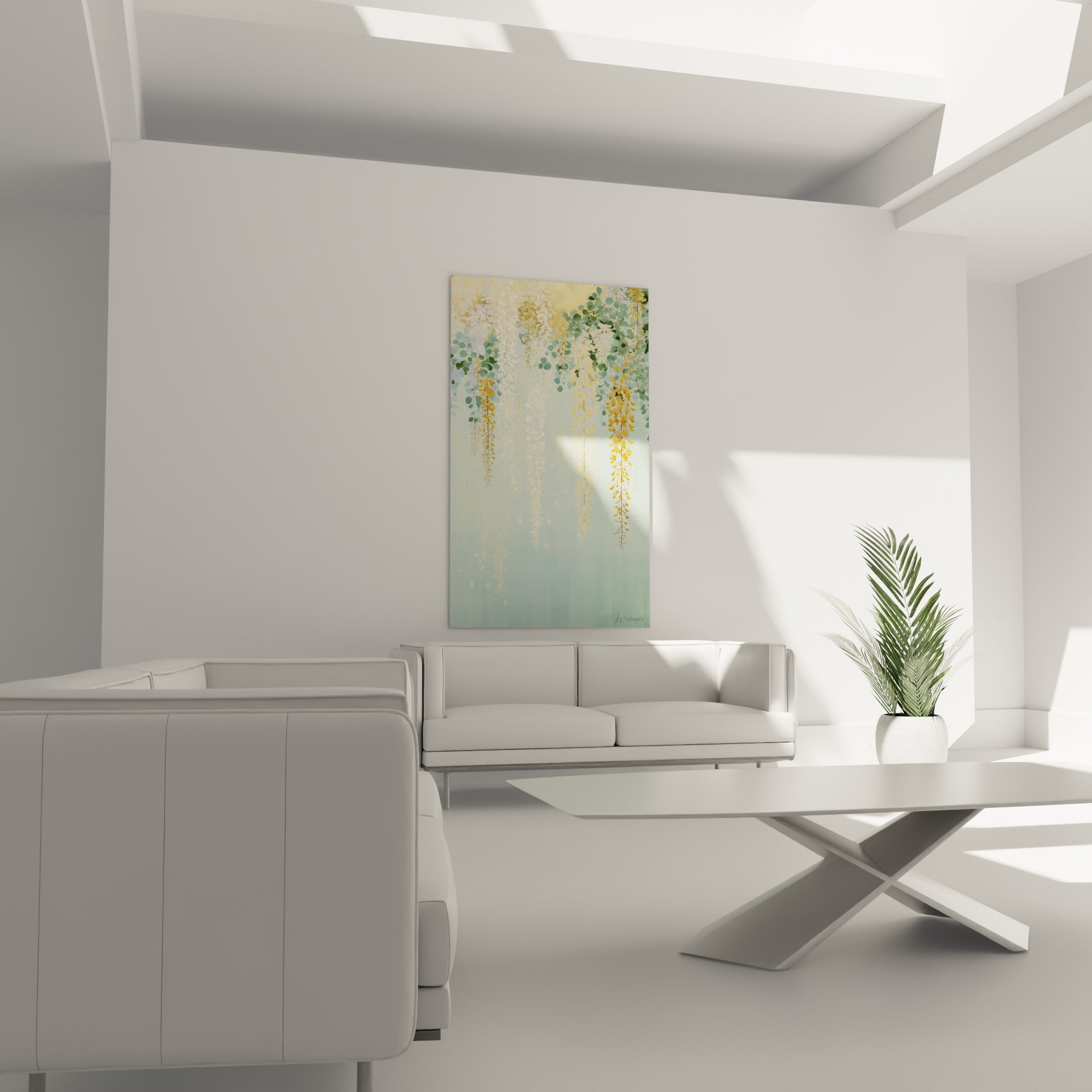 Fleurs de glycine ivoire et dorées retombant au-dessus d'un canapé dans un salon lumineux