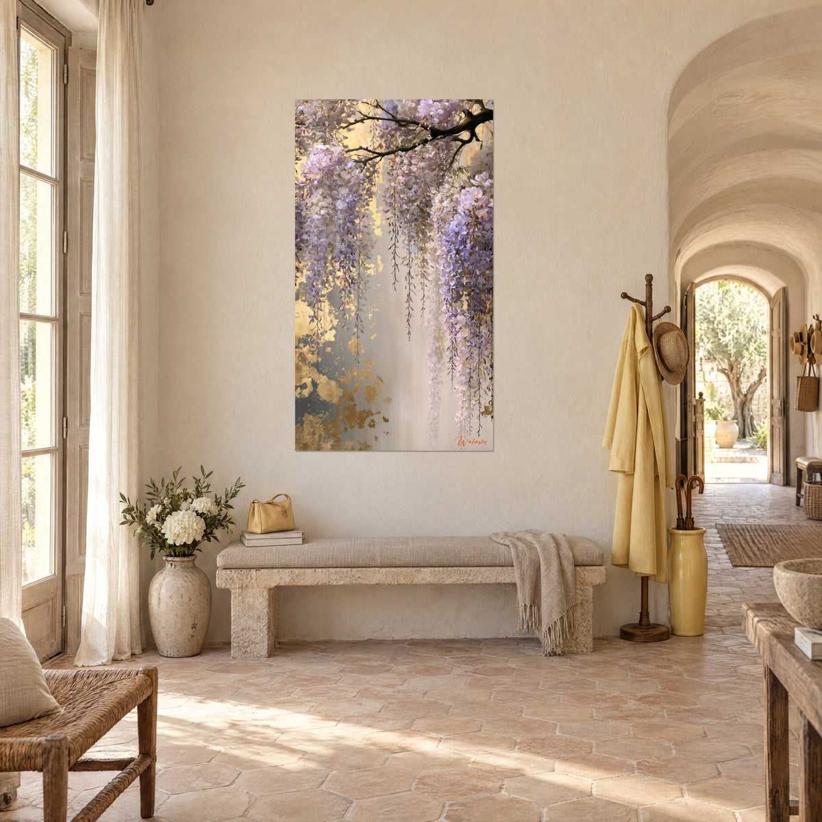 Wall art cascade of mauve and violet blooms on gilded panels, hung in a vaulted corridor with ochre terracotta tiles, Provençal farmhouse